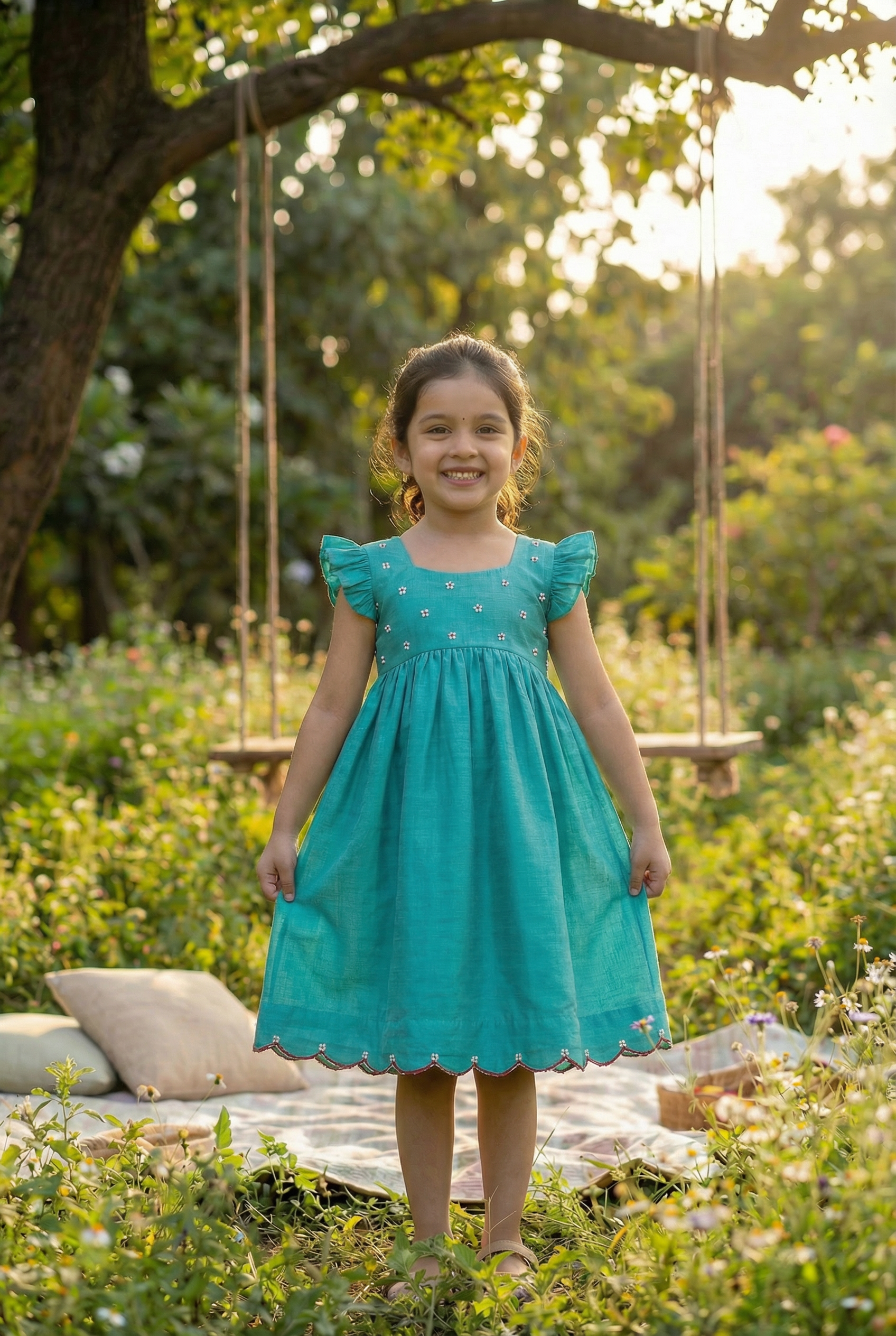 Bunny Tie Scallop Dress- teal