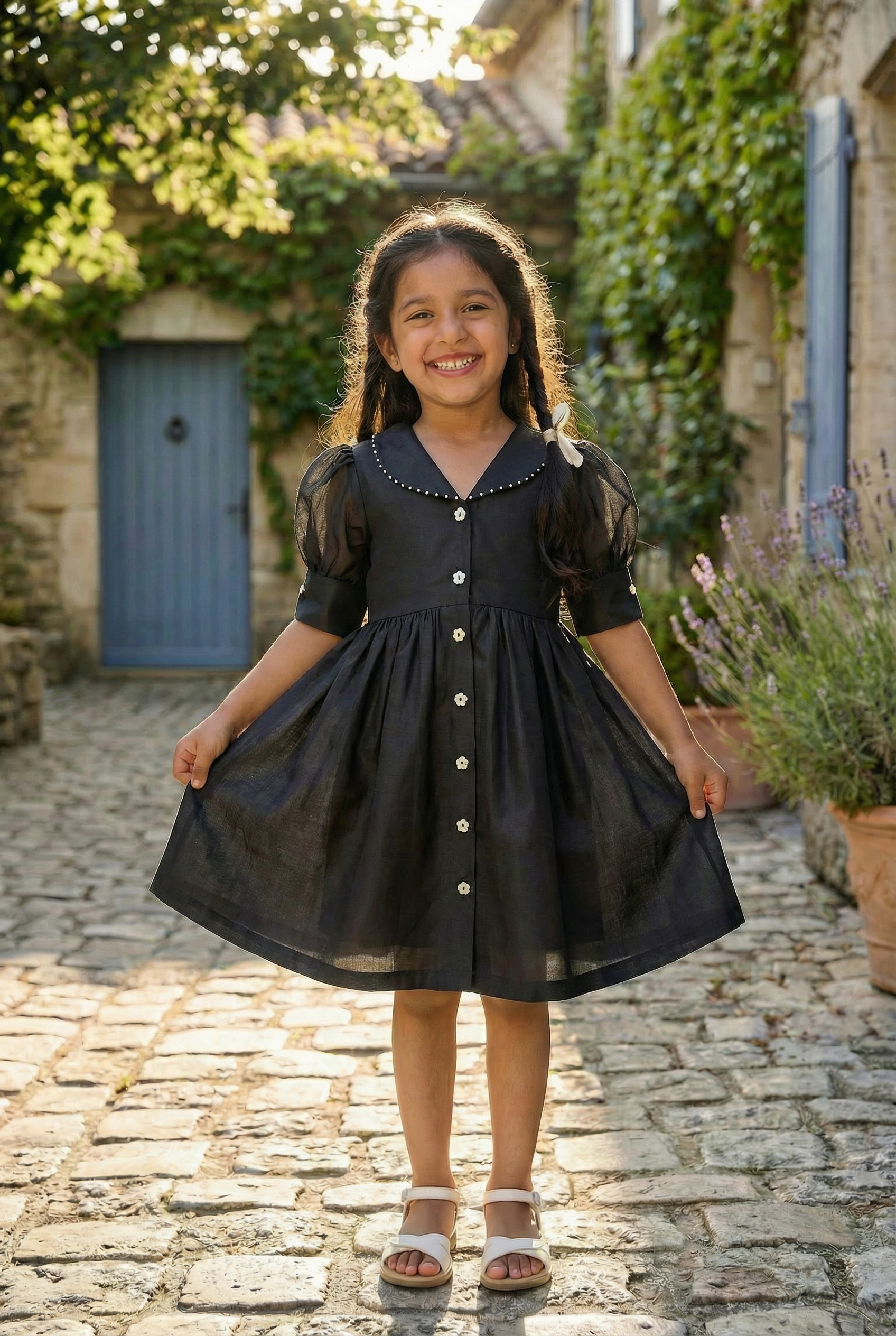 Pearl Edged Shirt Dress- Black