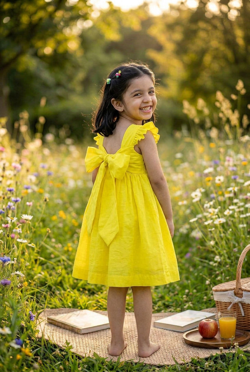 Honeycomb Bunny Tie Dress- Yellow