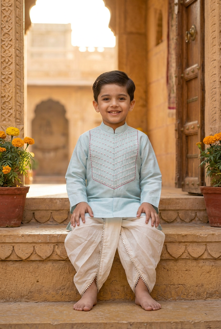 Moti wala kurta set- Sky