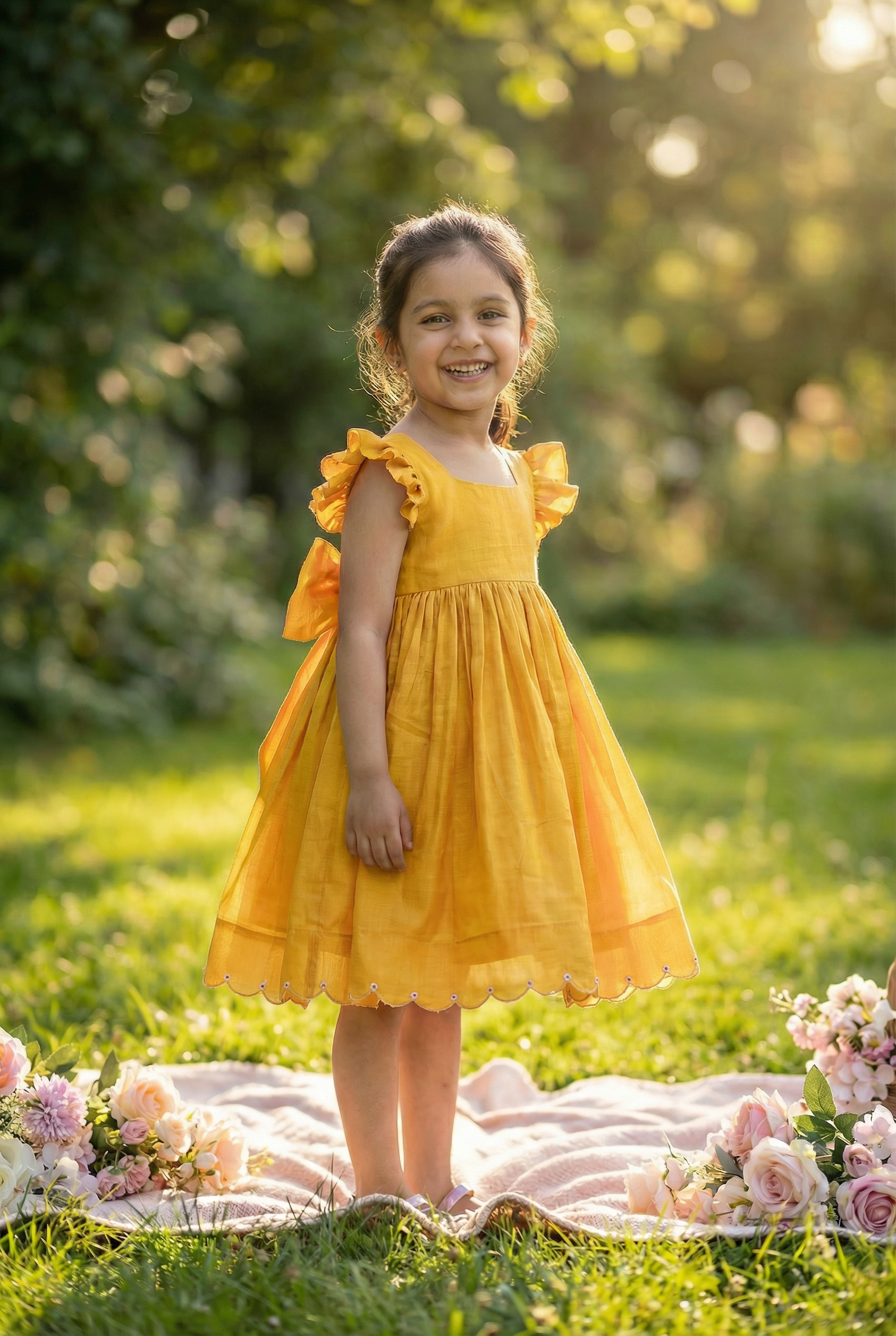 Bunny Tie Scallop Dress- Marigold