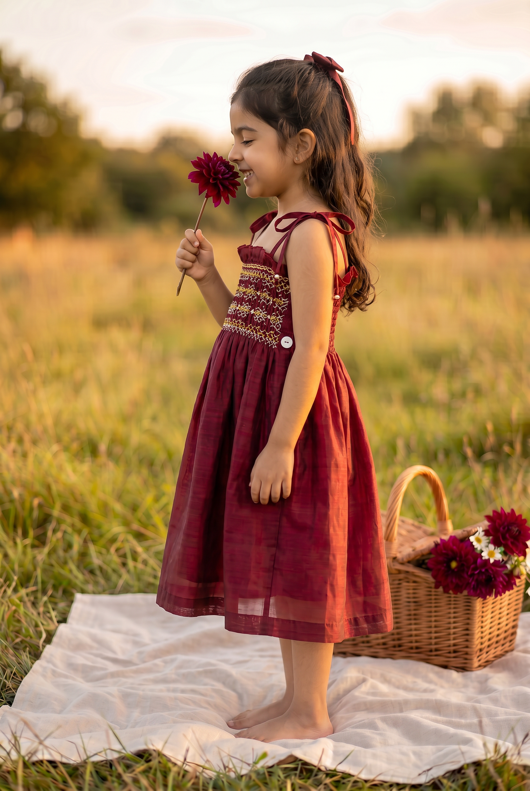 Red Noodle Strap Smocked Dress