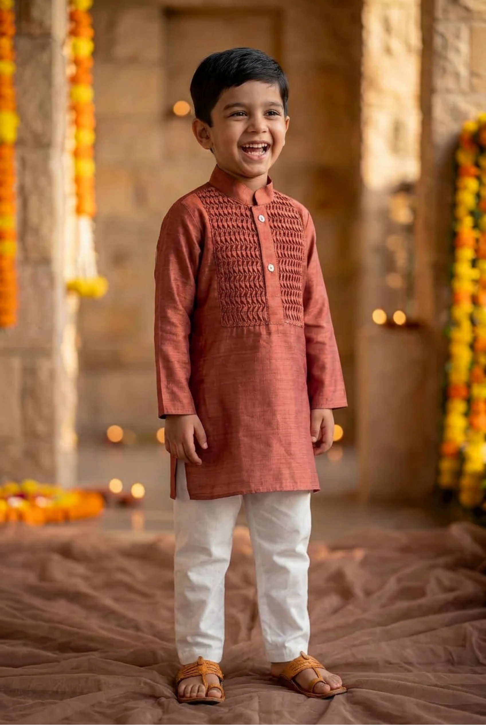 Honeycomb kurta set-Brick red