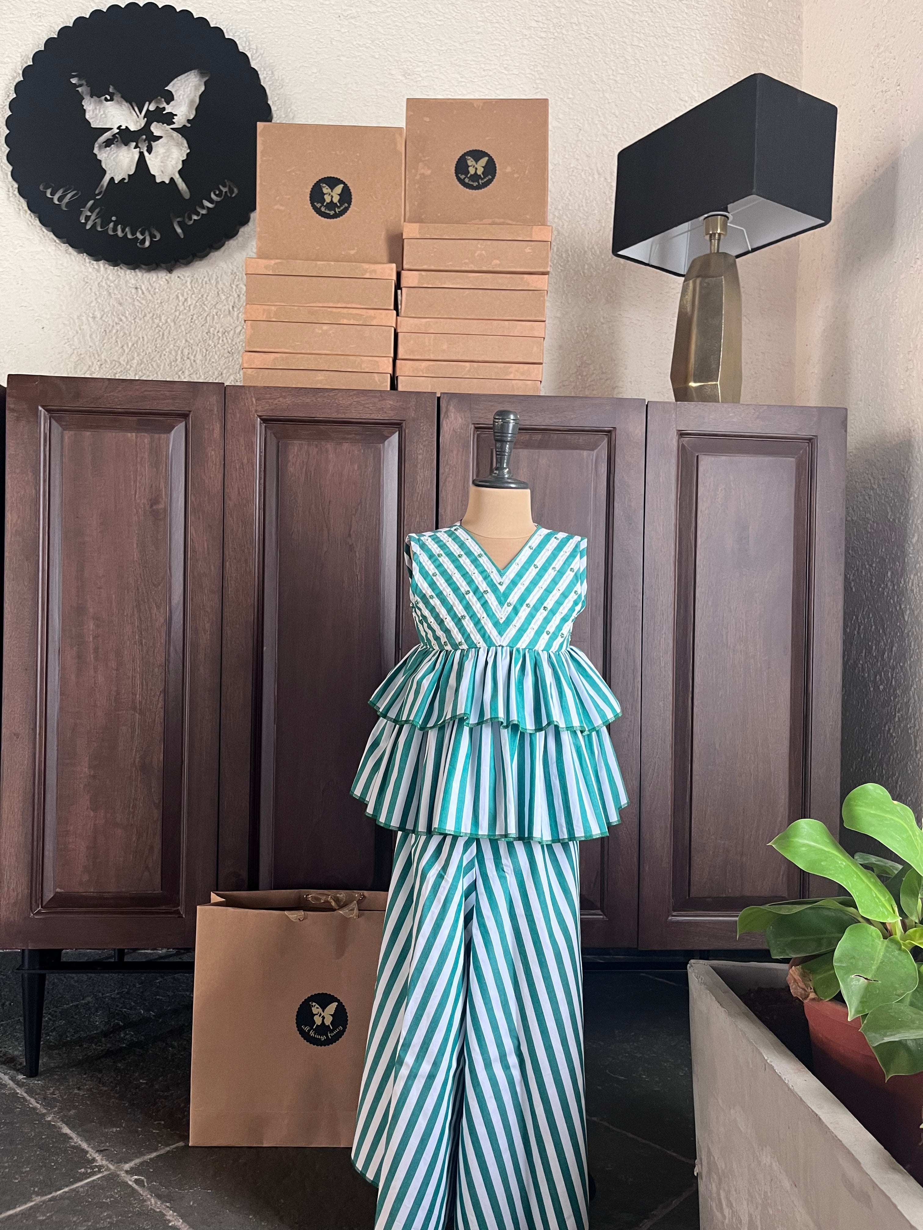 Striped Sharara Set - Green