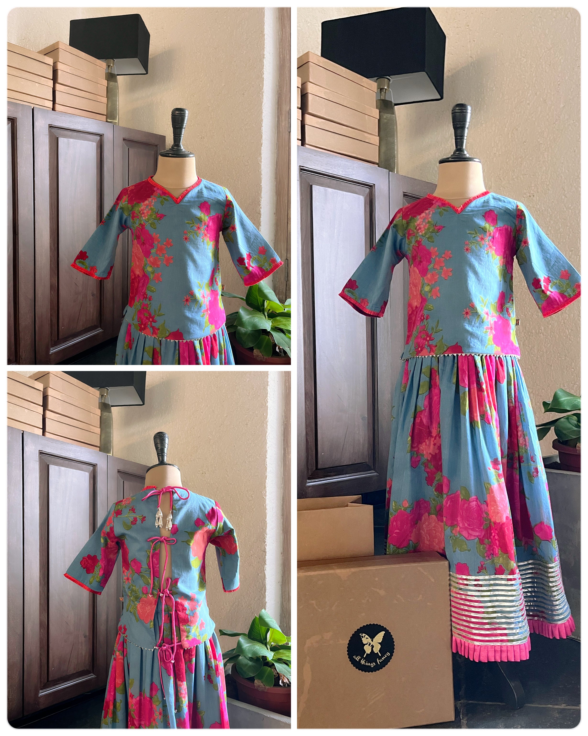 Mul Floral Lehenga- Aasmani