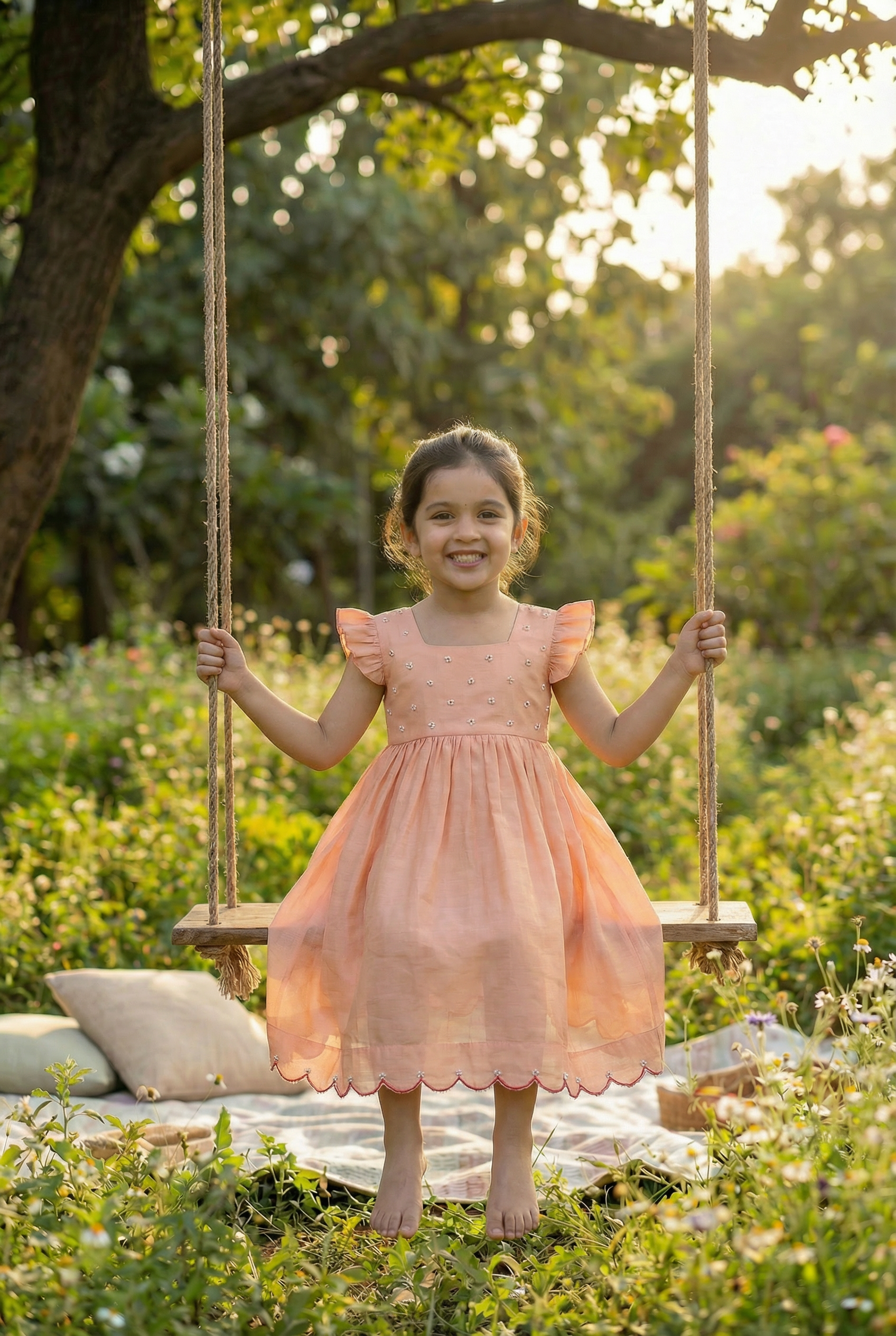 Bunny Tie Scallop Dress- Rose