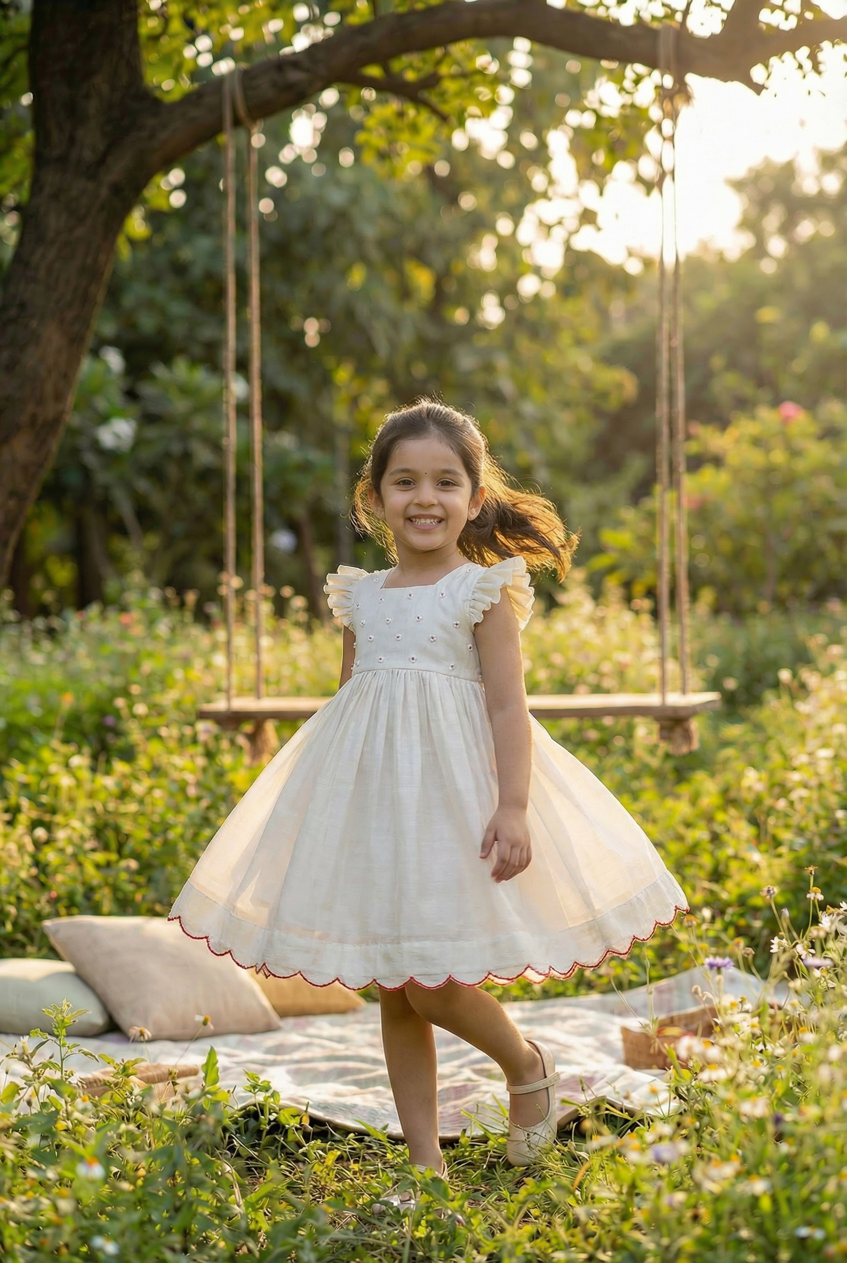 Bunny Tie Scallop Dress- Pearl