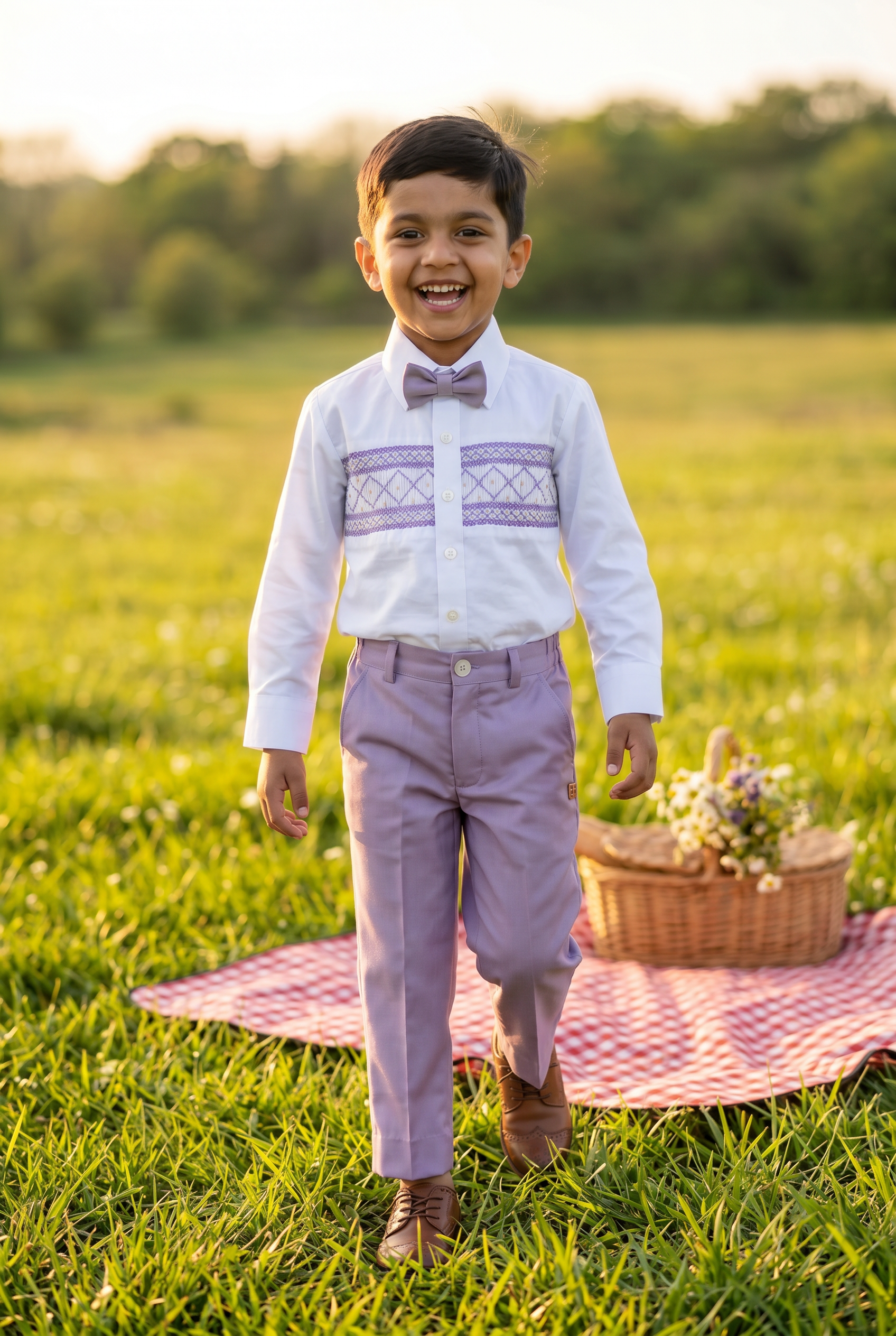 Handsmocked Shirt- Lavender Pants Set