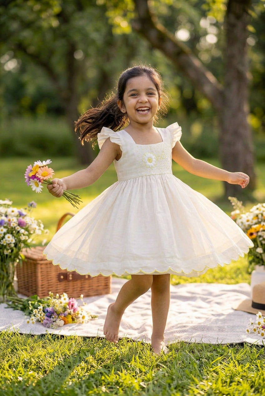 Bunny Tie Scallop Dress- Daisy