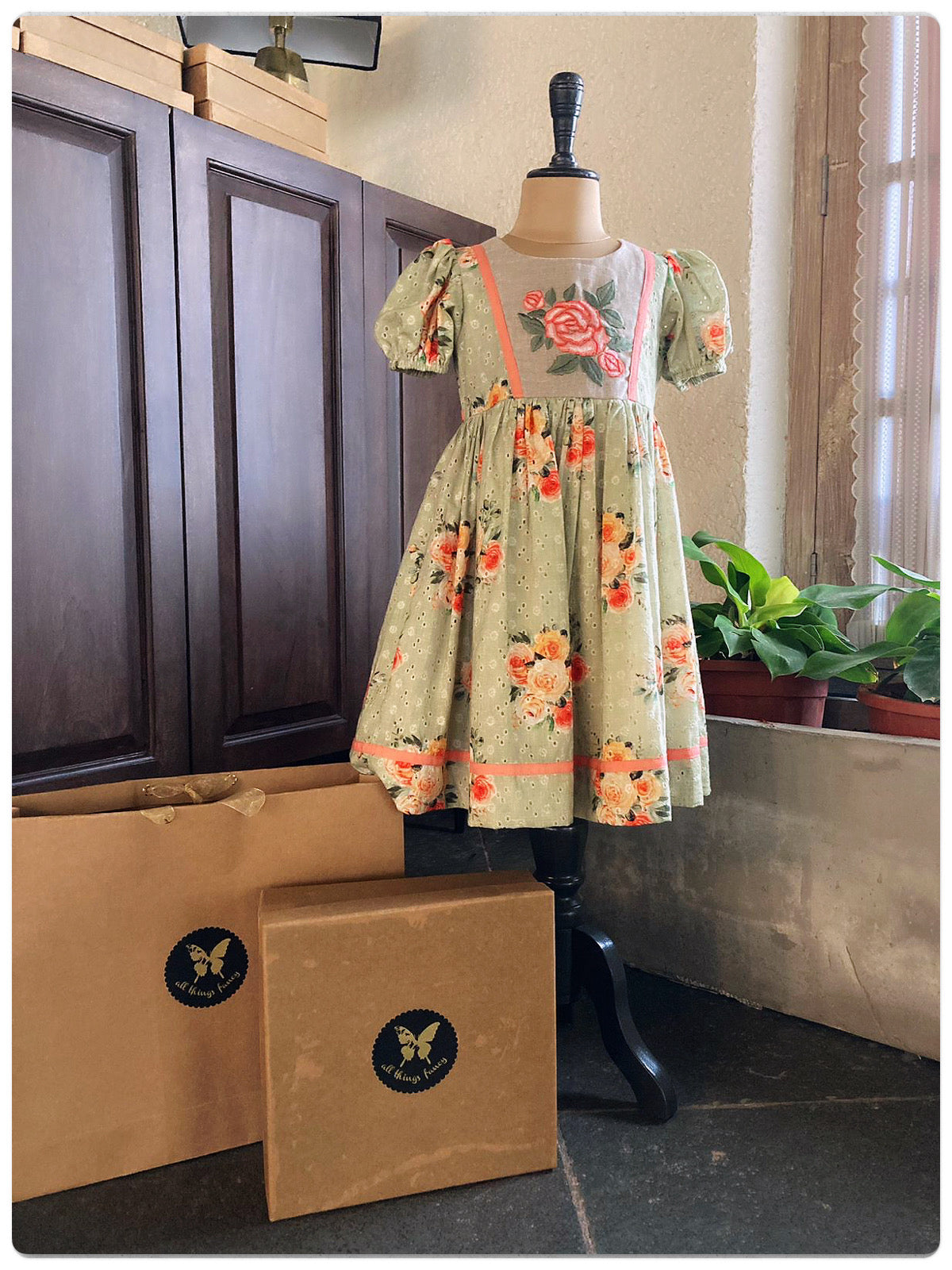 Rose Schiffly Dress- Sage Green