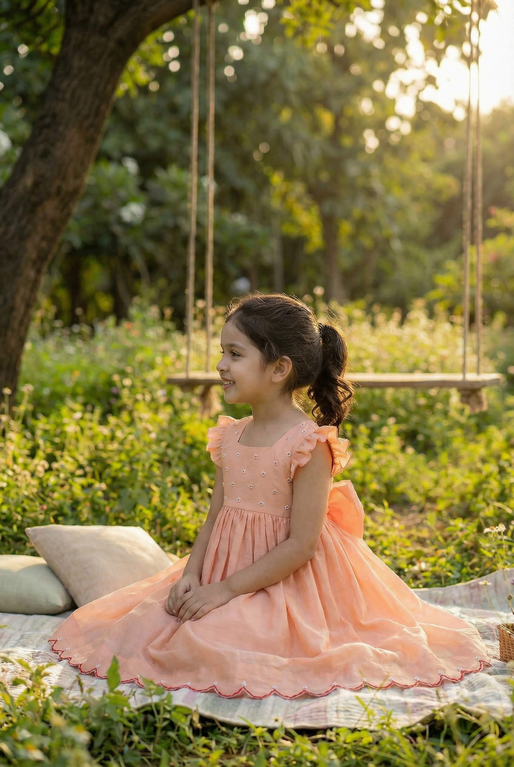 Bunny Tie Scallop Dress- Rose