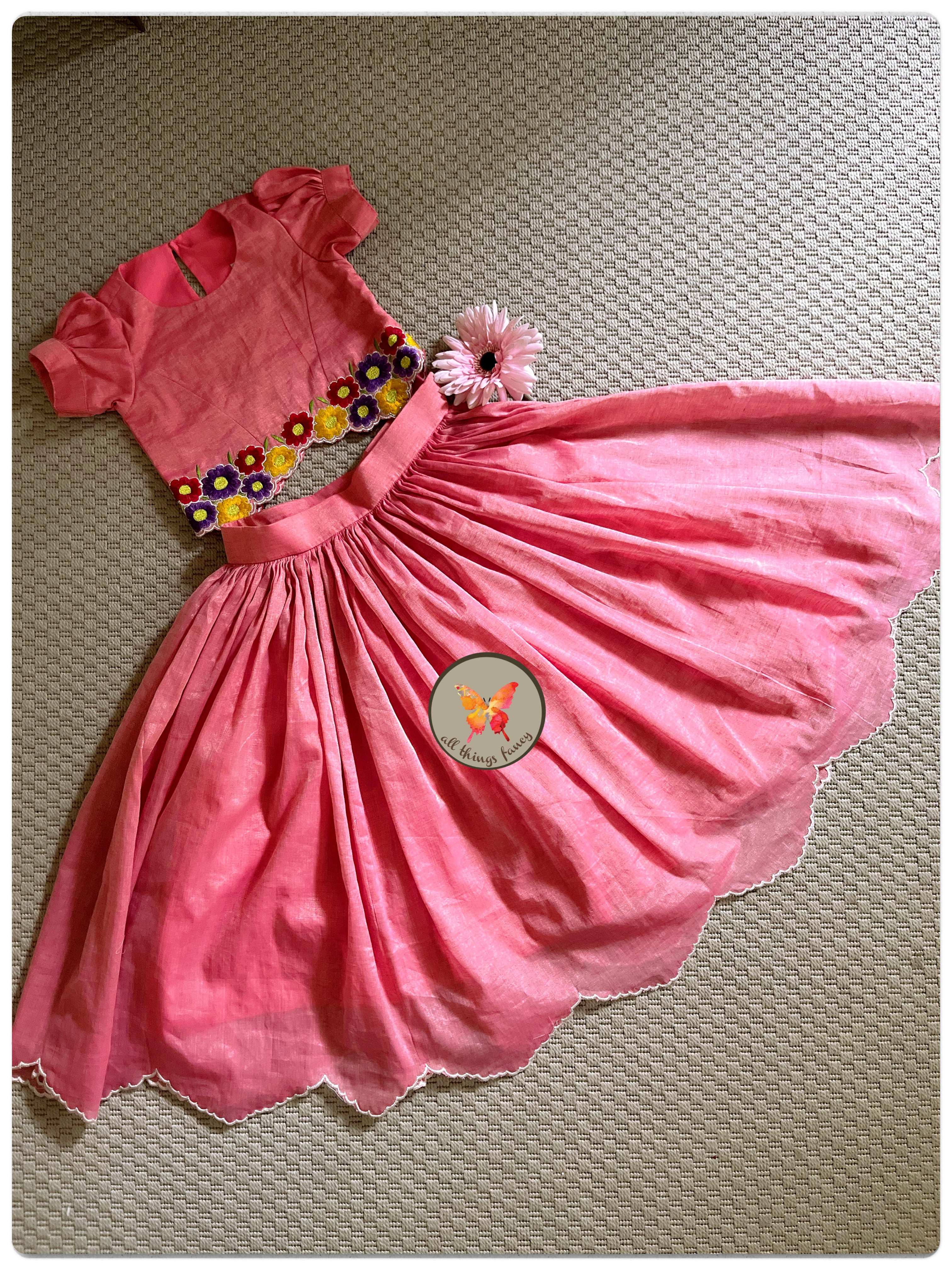 Embroidered Tissue Lehenga Set- Pink