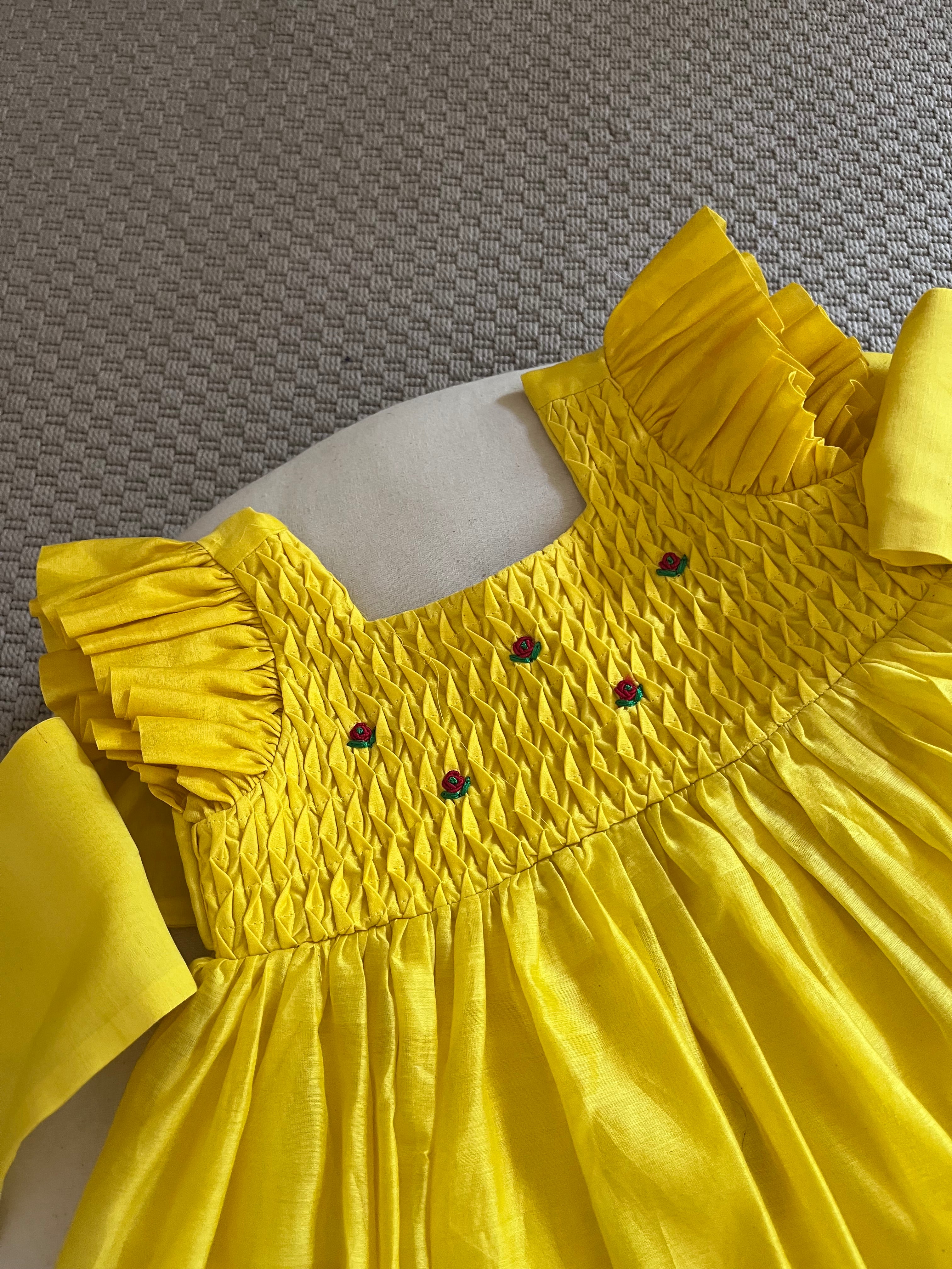 Honeycomb Bunny Tie Rosette Dress- Yellow