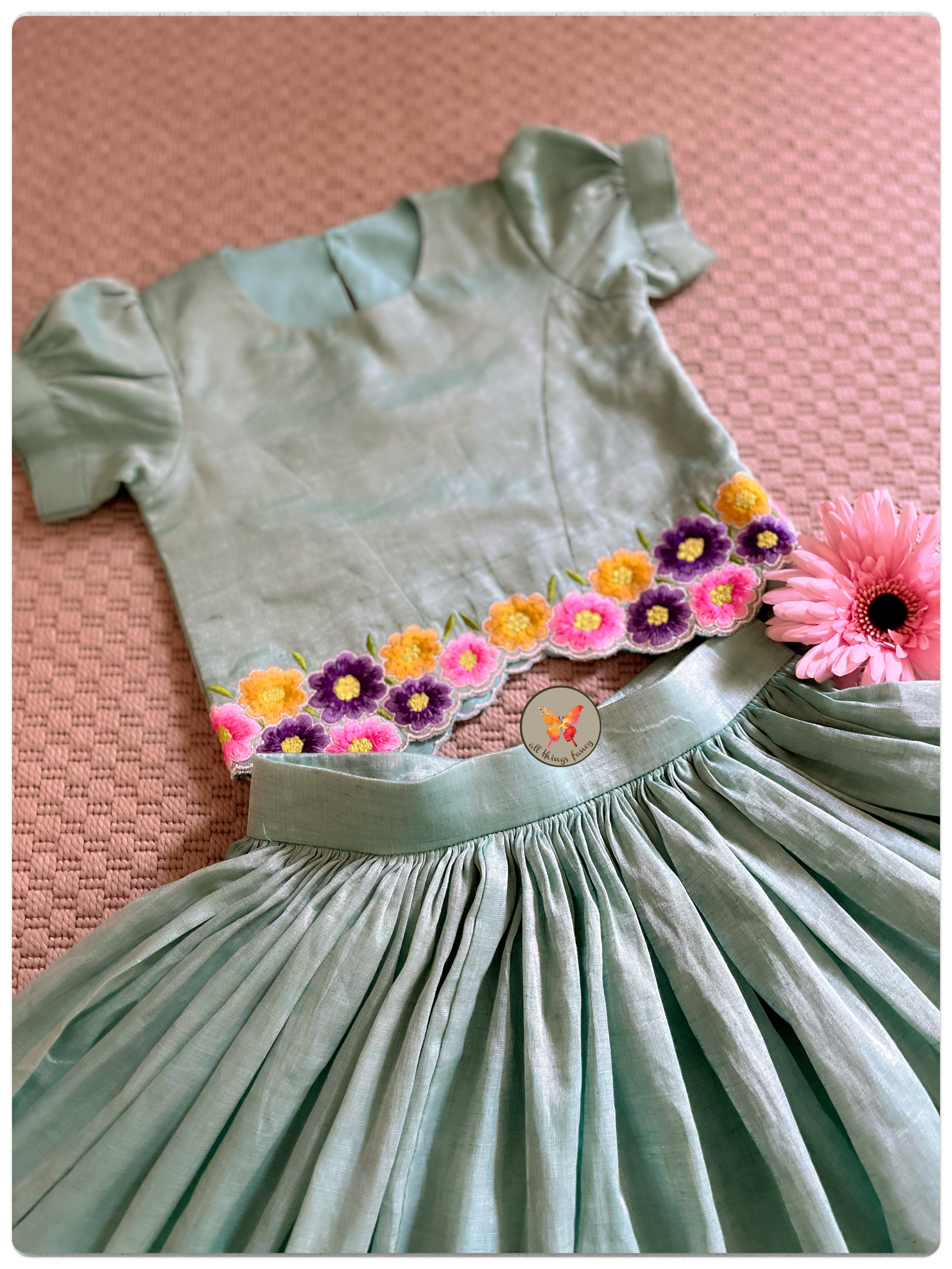 Embroidered Tissue Lehenga Set- Green