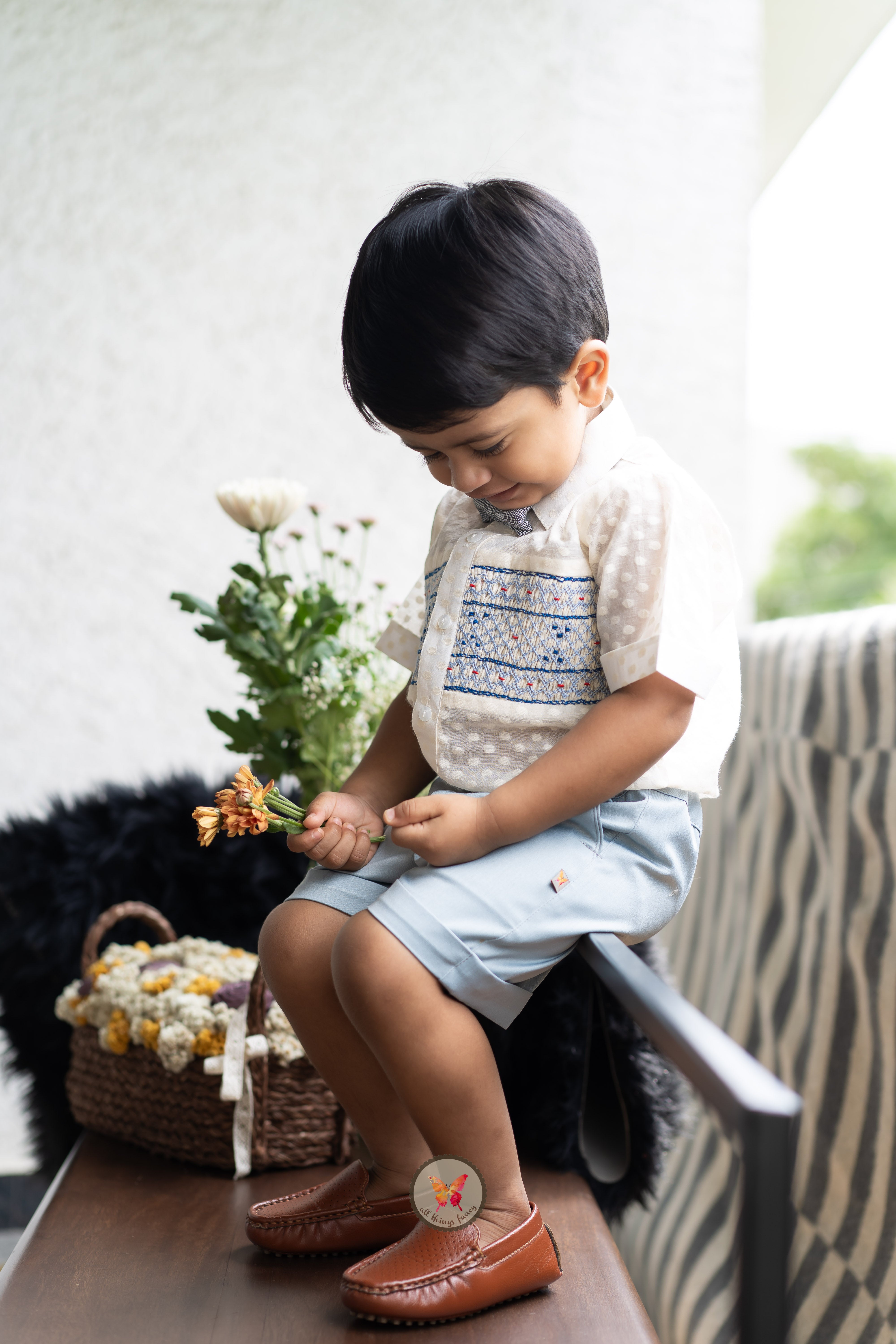 Ivory & Blue Handsmocked Shirt Set