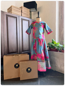 Mul Floral Lehenga- Aasmani
