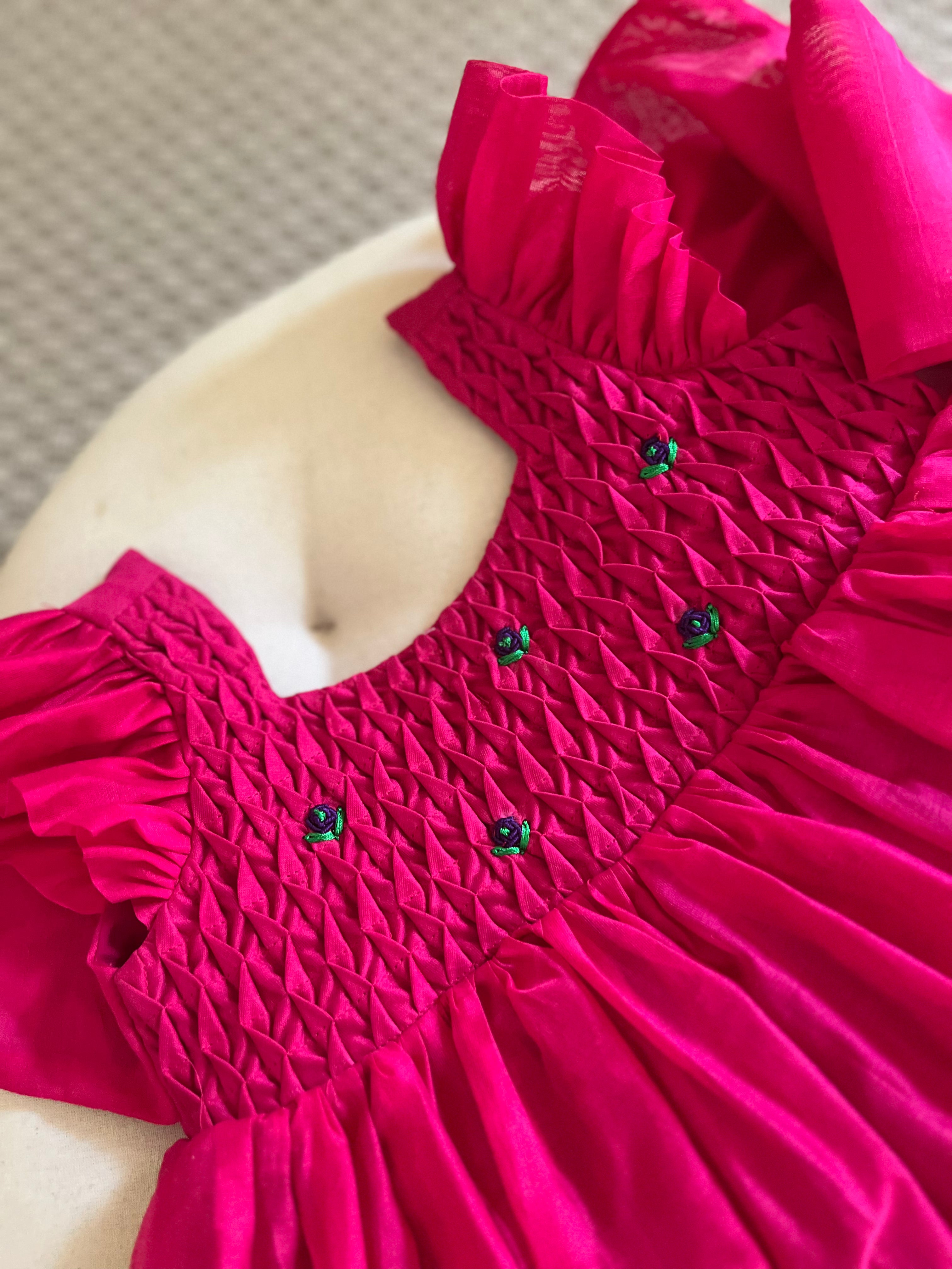 Honeycomb Bunny Tie Rosette Dress- Hot Pink