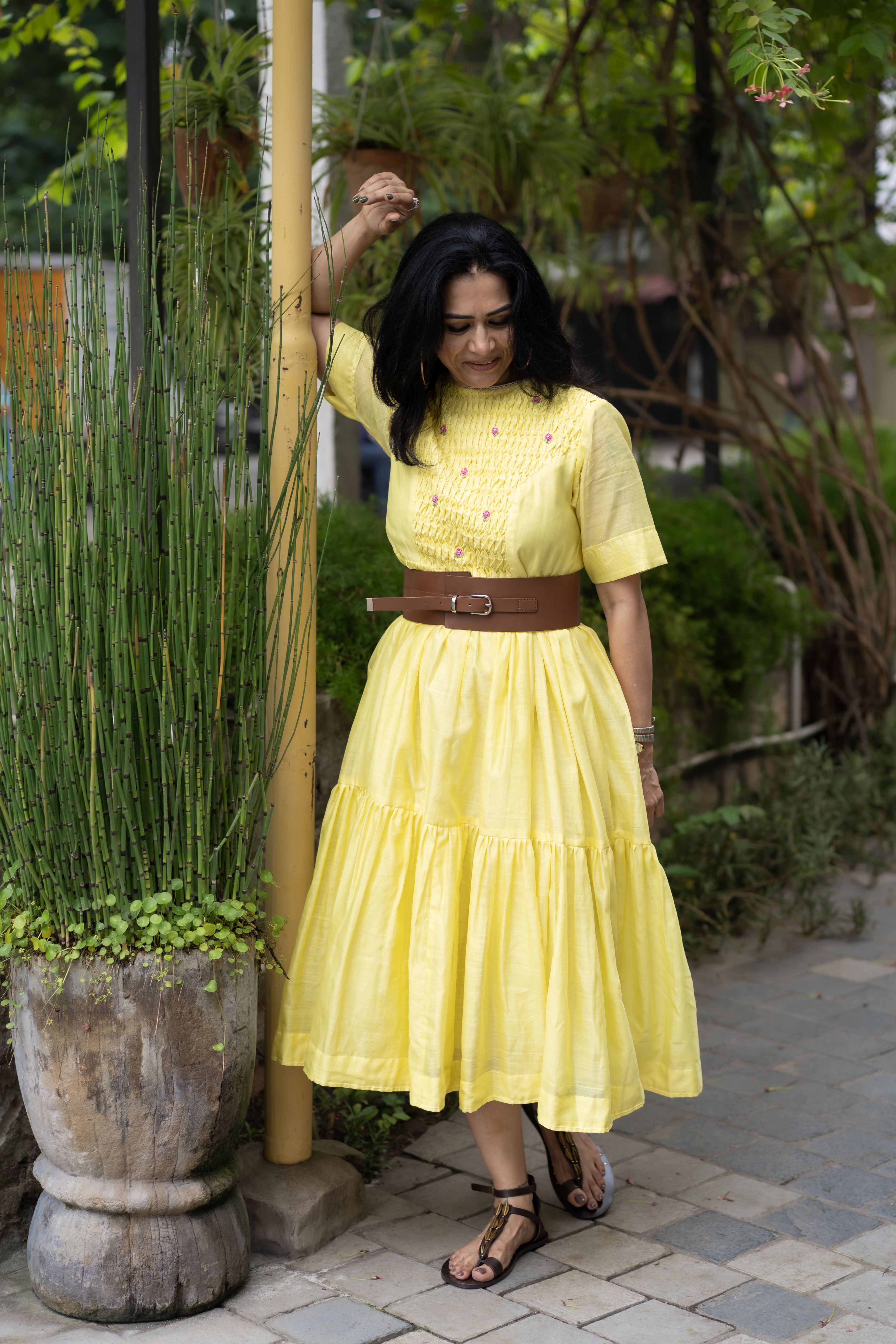 Honeycomb Tiered Dress- Mango Sorbet