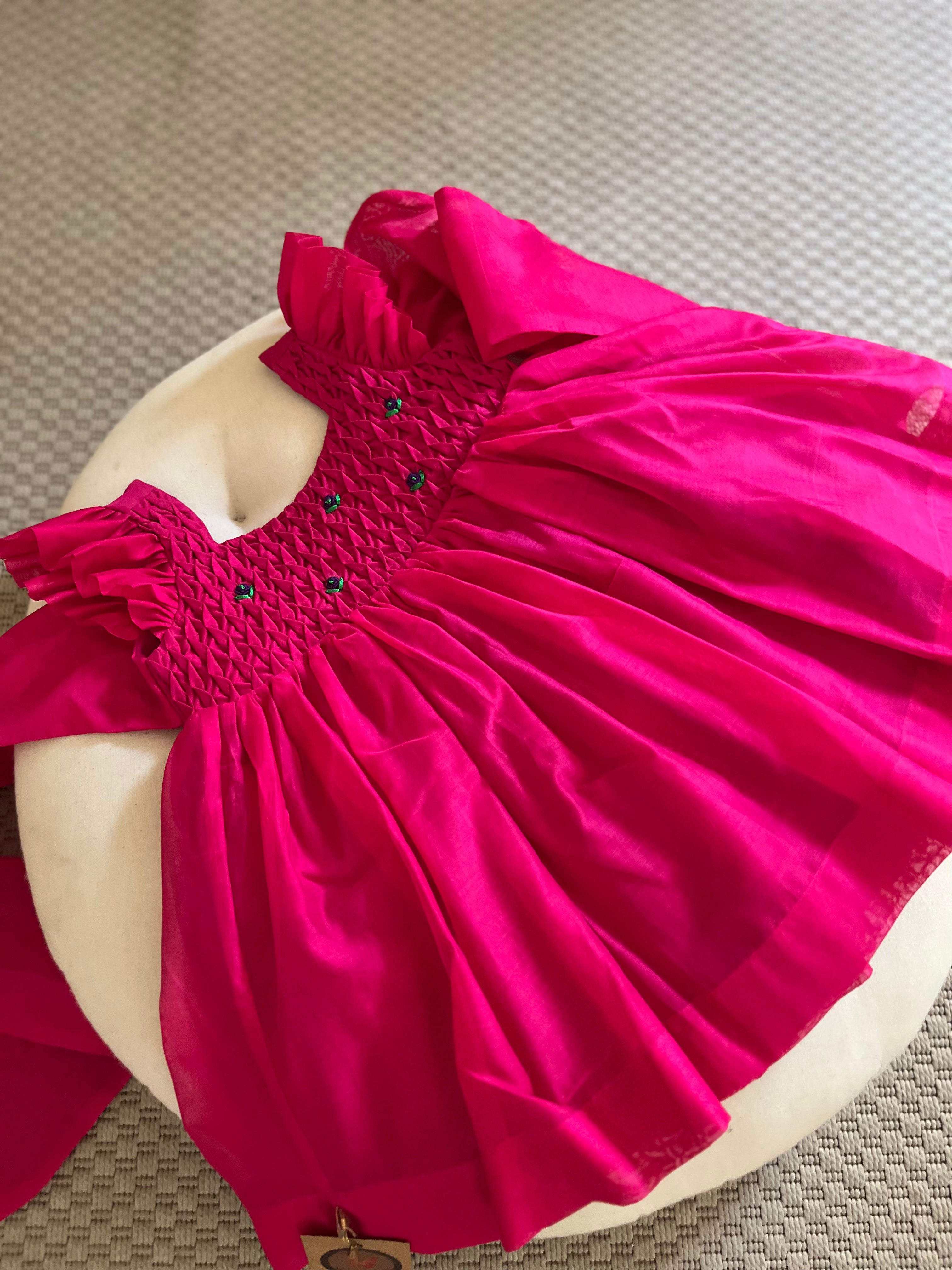 Honeycomb Bunny Tie Rosette Dress- Hot Pink