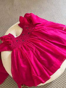 Honeycomb Bunny Tie Rosette Dress- Hot Pink