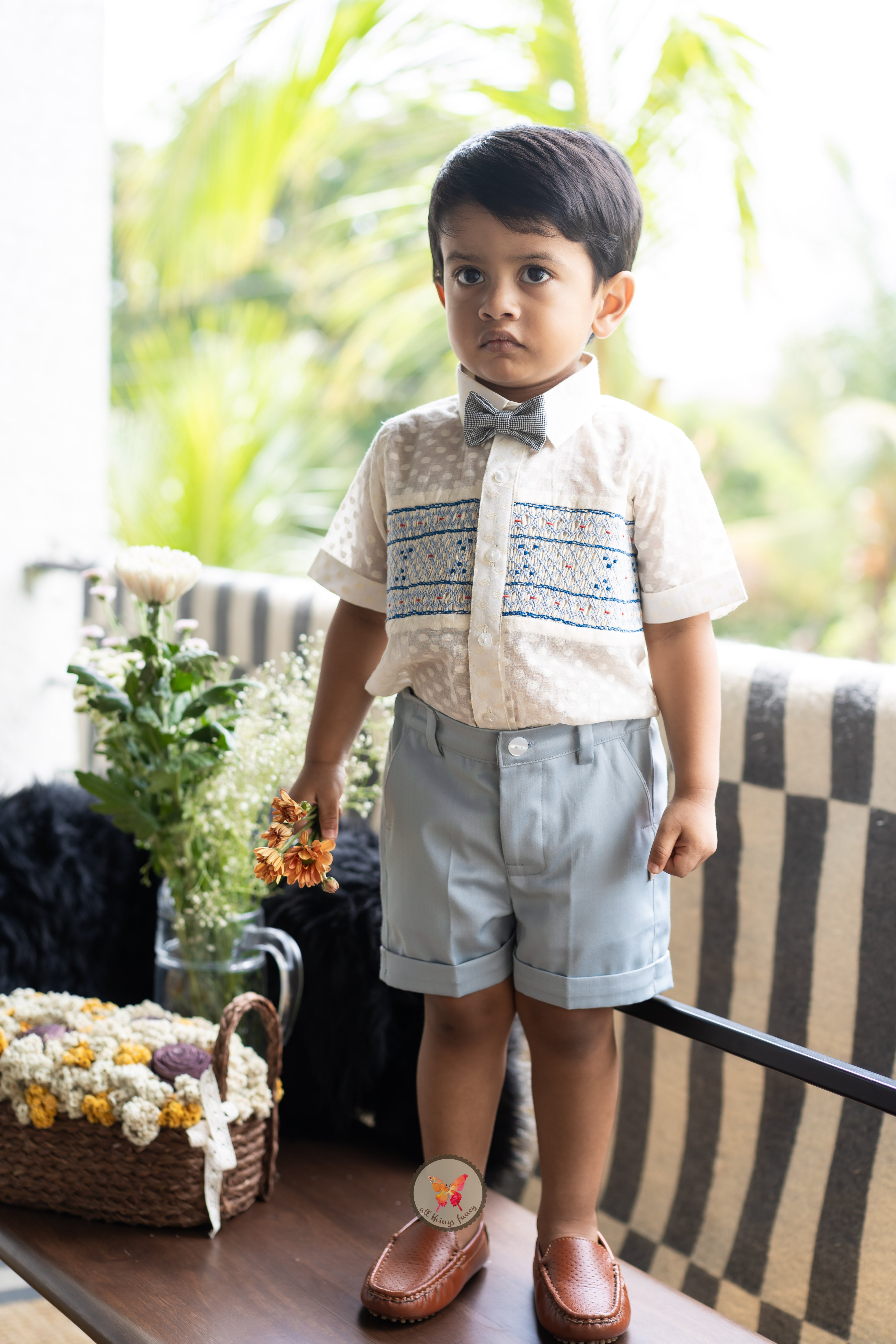 Ivory & Blue Handsmocked Shirt Set