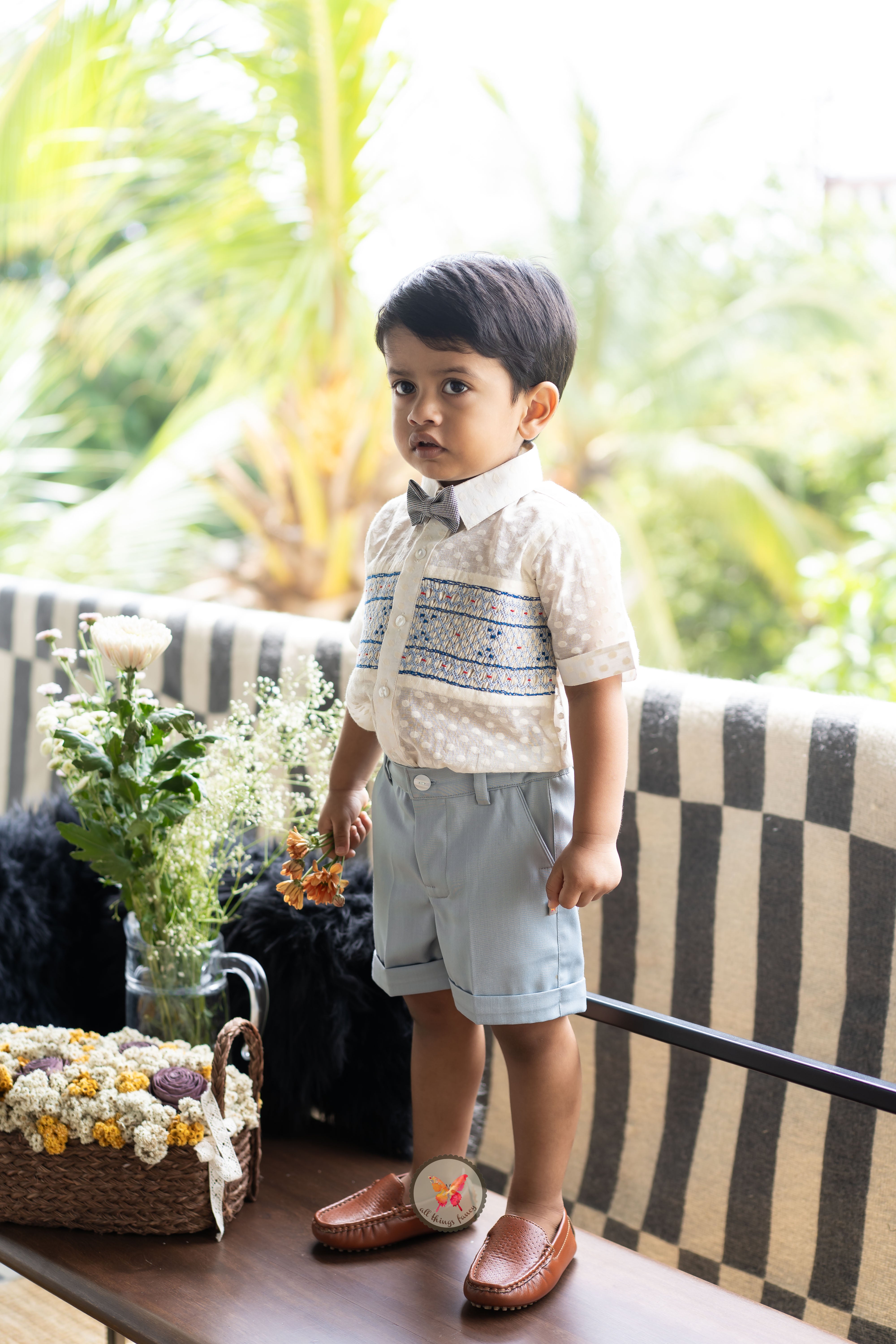 Ivory & Blue Handsmocked Shirt Set