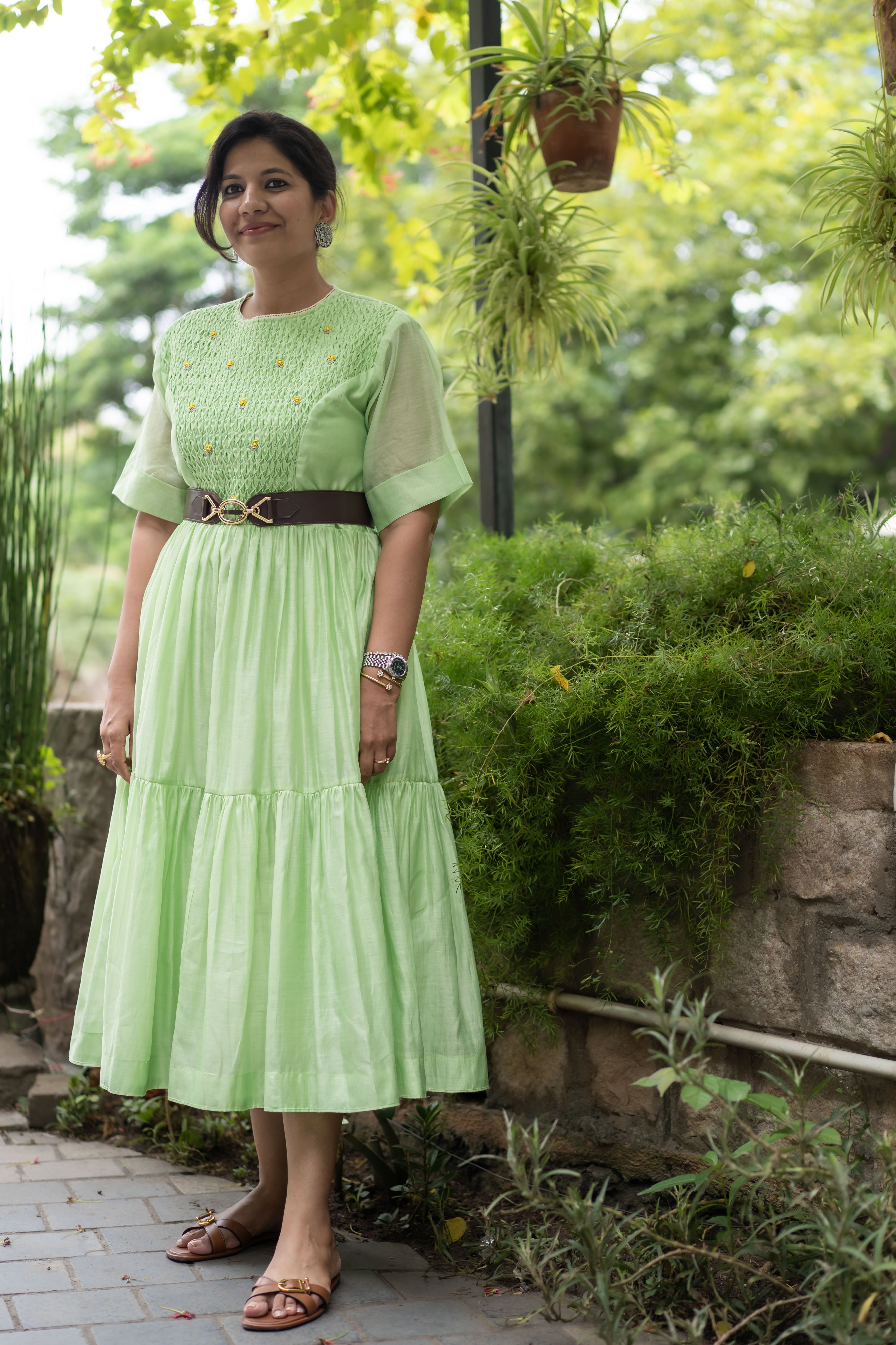 Honeycomb Tiered Dress- Mint Sorbet