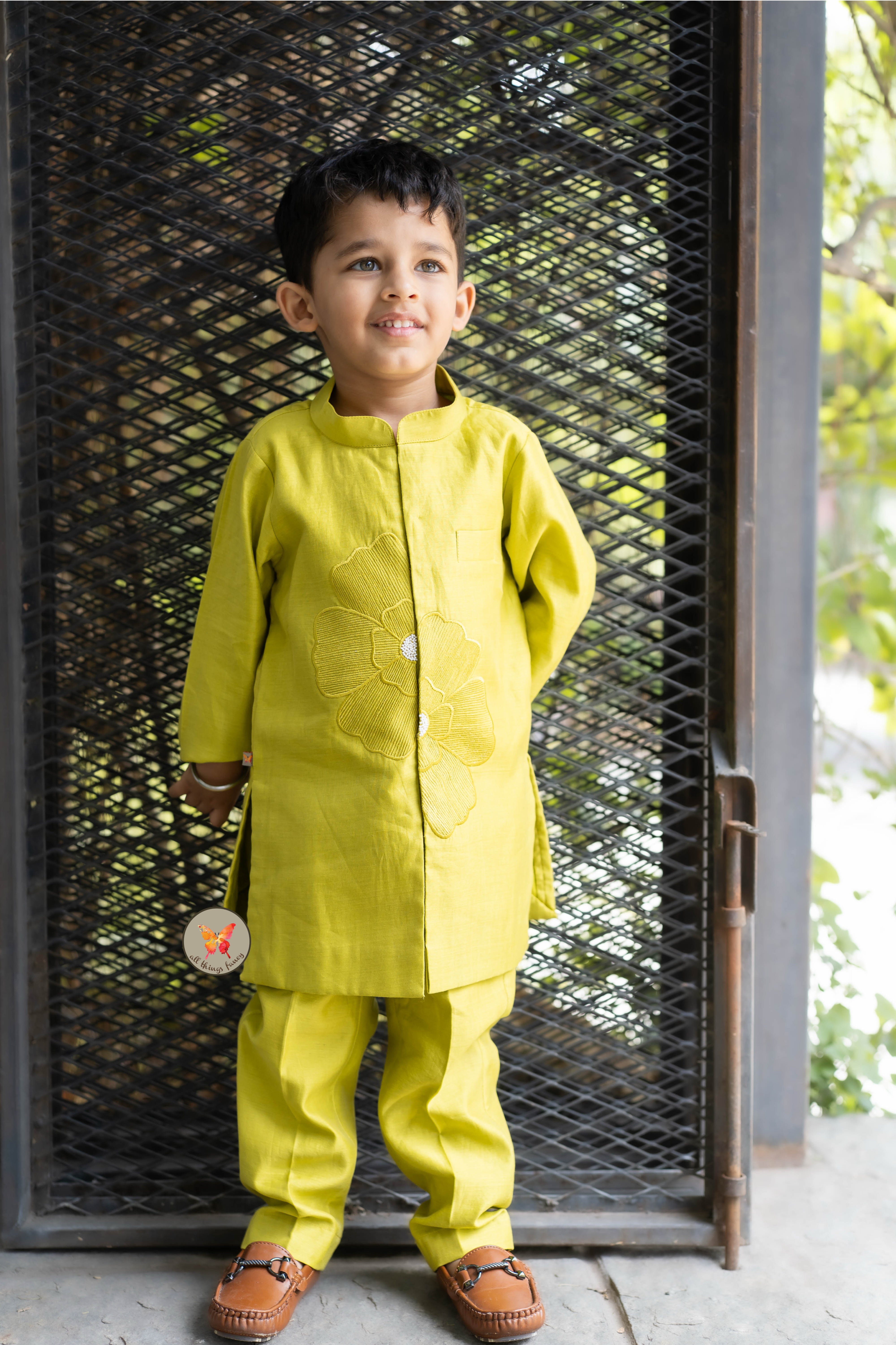 The Phool Kurta Set - Lime