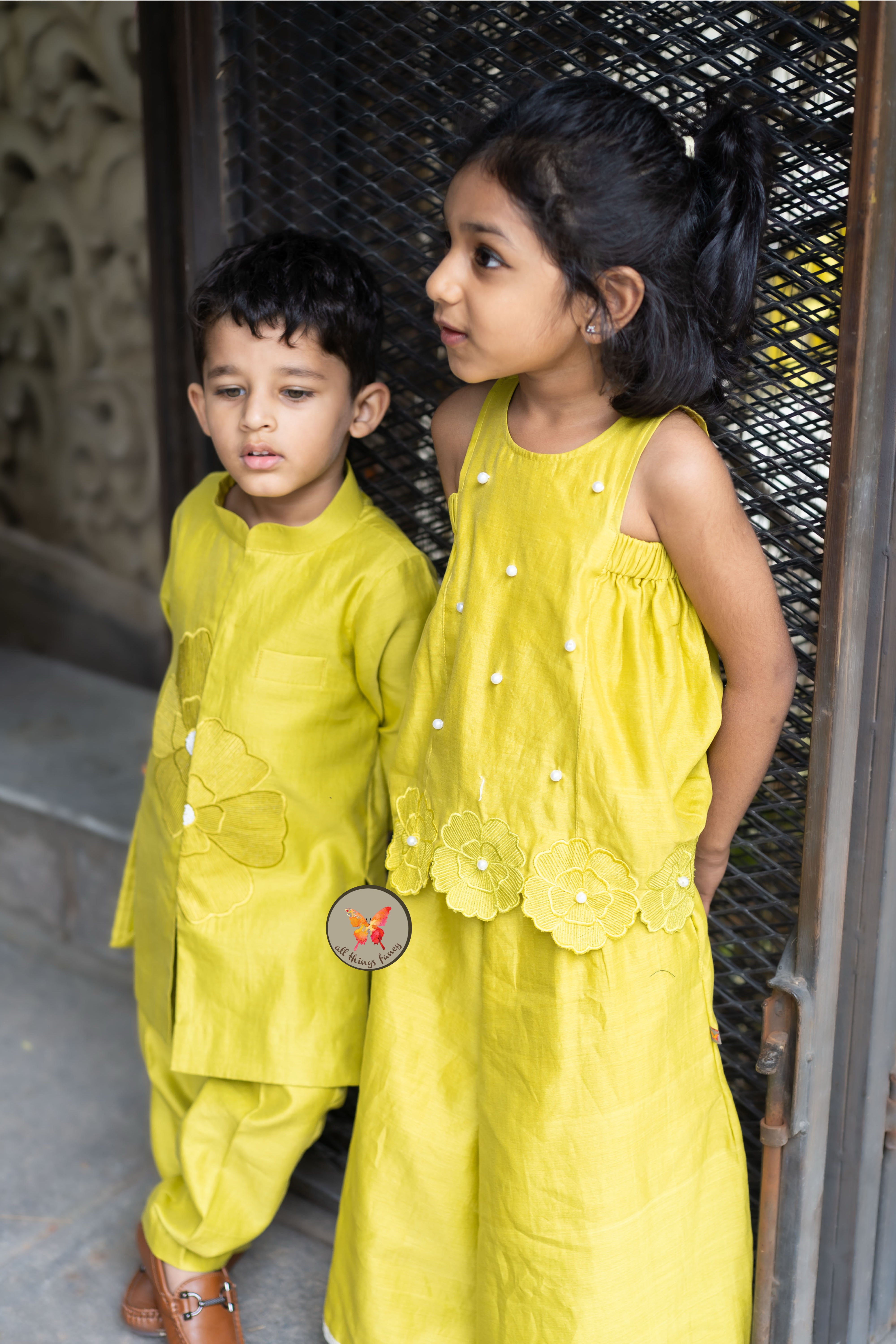 The Phool Kurta Set - Lime