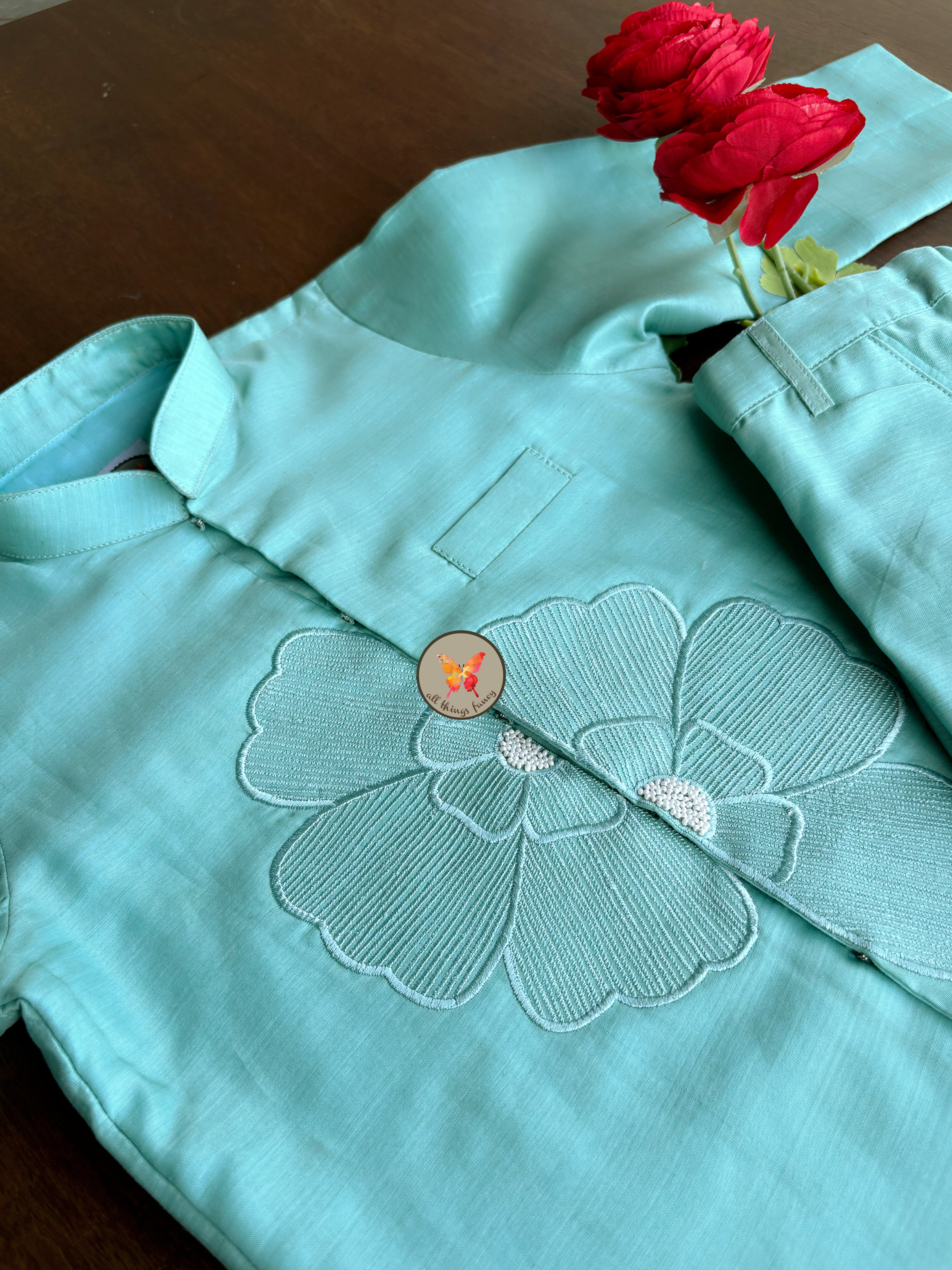 The Phool Kurta Set - Soft Teal