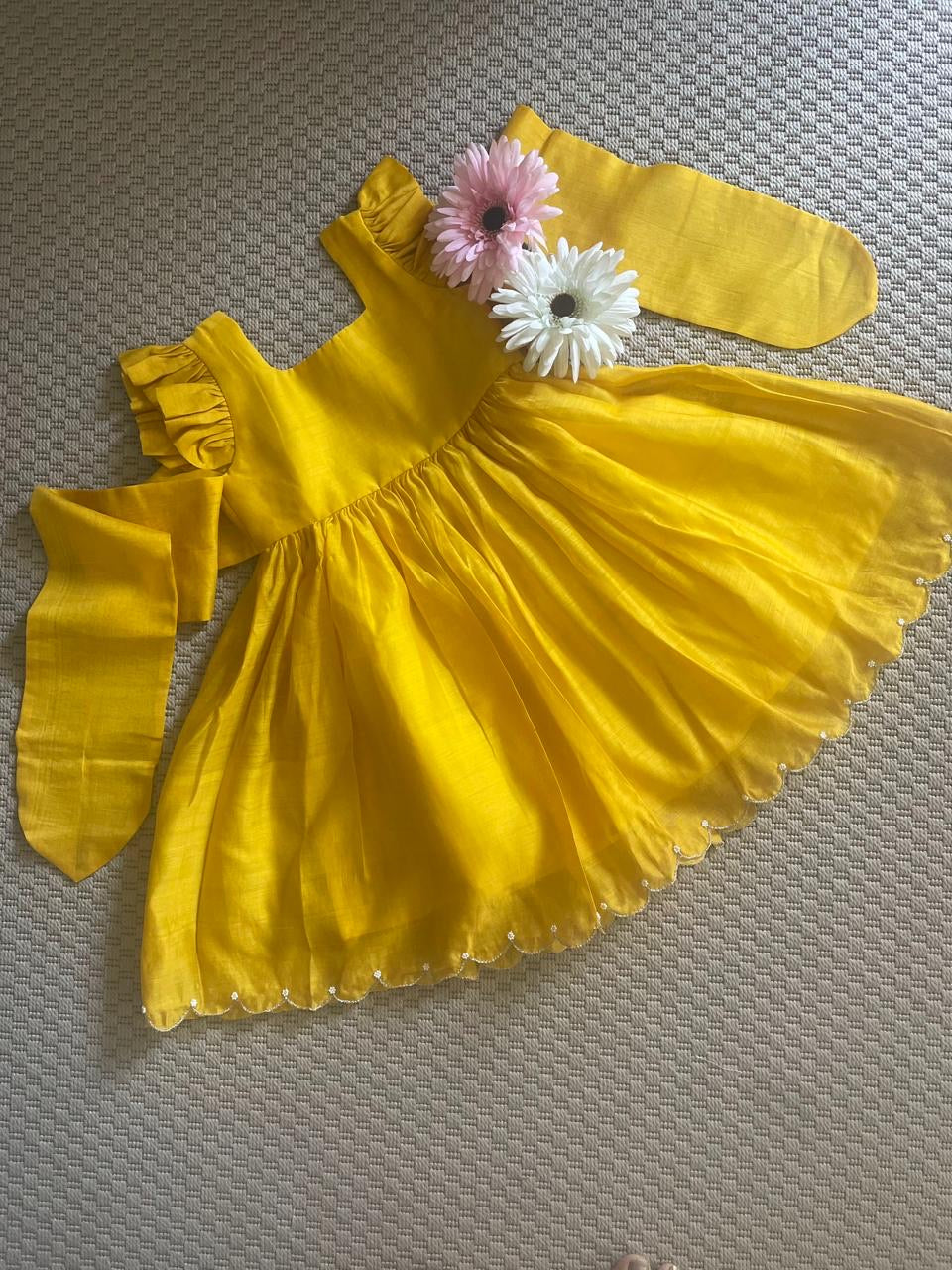 Bunny Tie Scallop Dress- Marigold