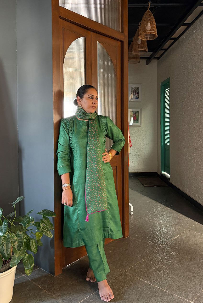 Chintz Dupatta suit set-Hara panna
