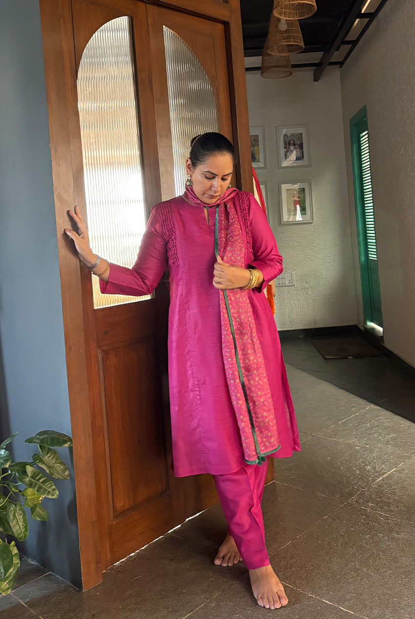 Chintz Dupatta suit set-Anar gulabi