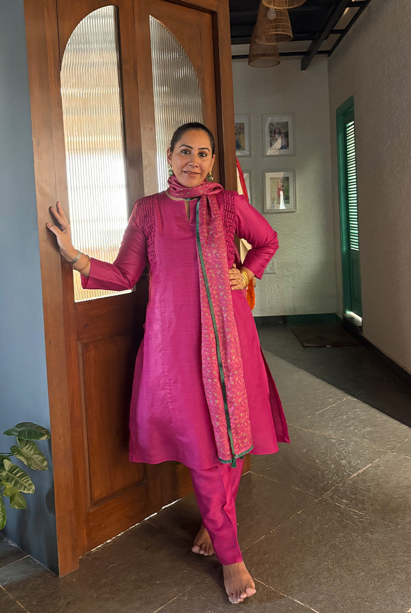 Chintz Dupatta suit set-Anar gulabi