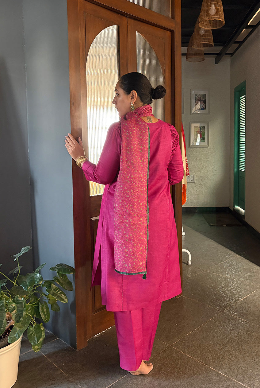 Chintz Dupatta suit set-Anar gulabi
