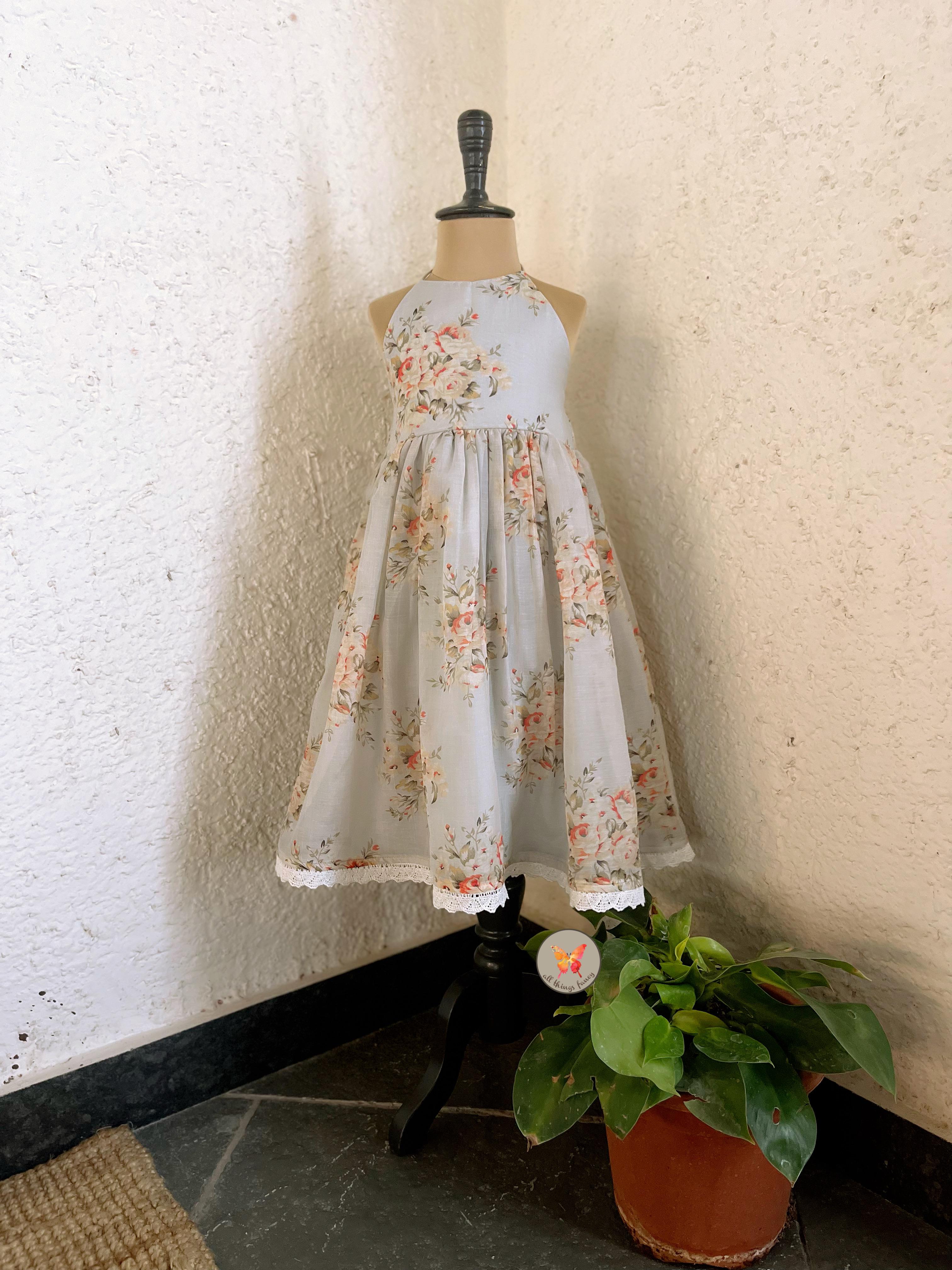 Festive Floral Halter Neck Dress- Mint