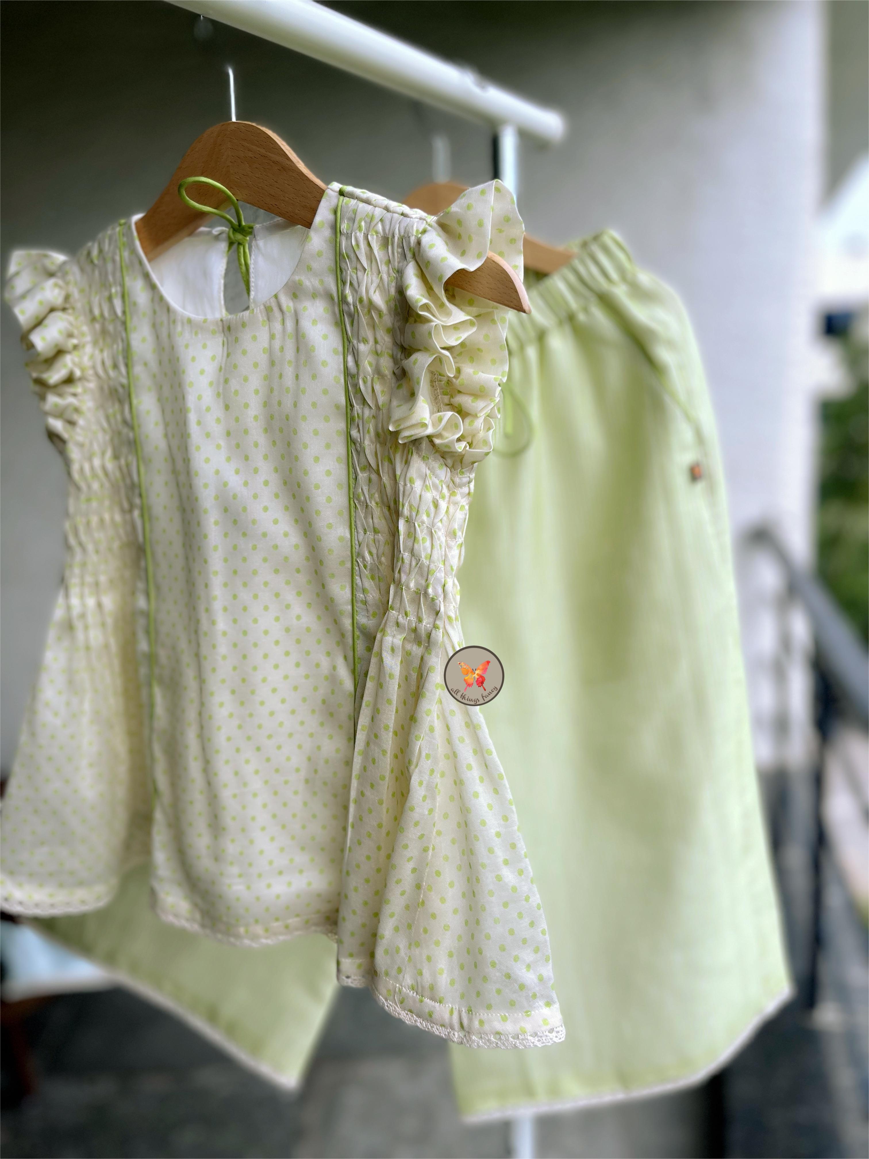 Polka Honeycomb blouse with pants - Green