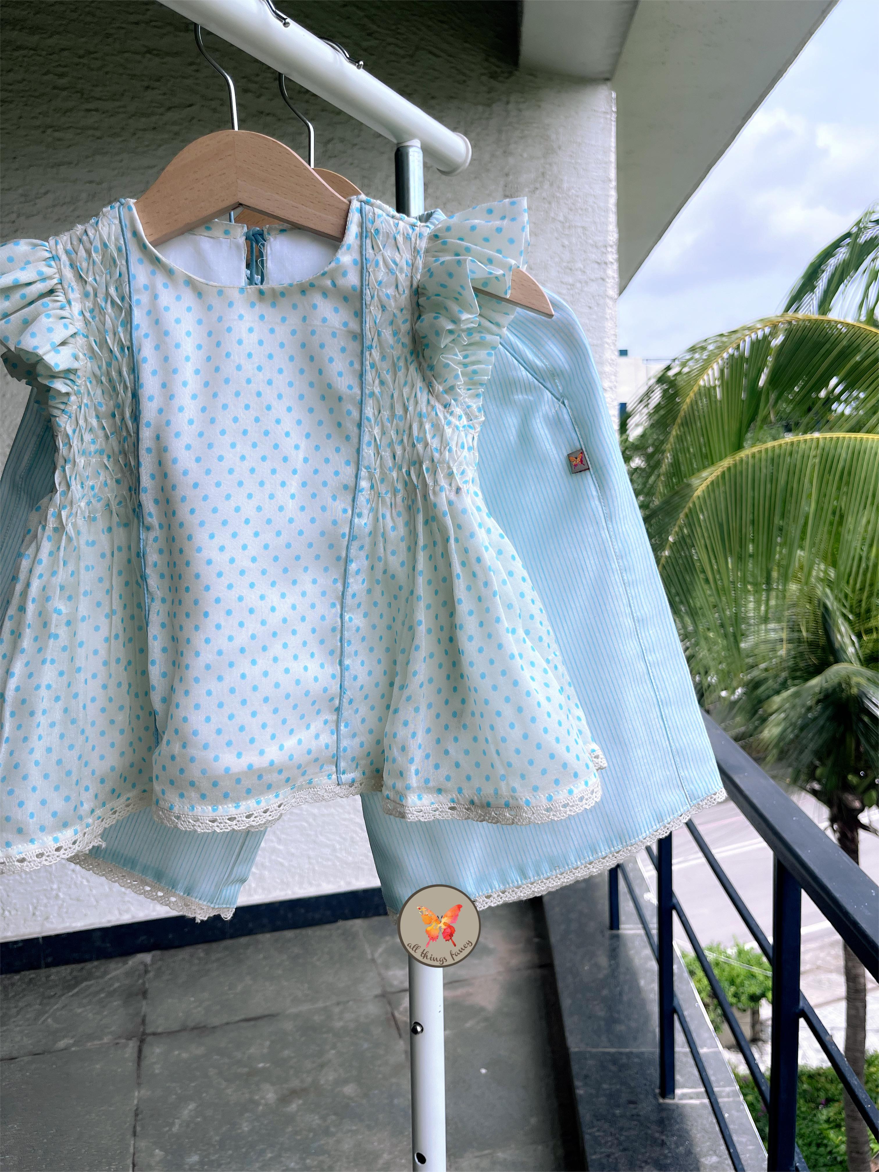 Polka Honeycomb blouse and pants - Sky