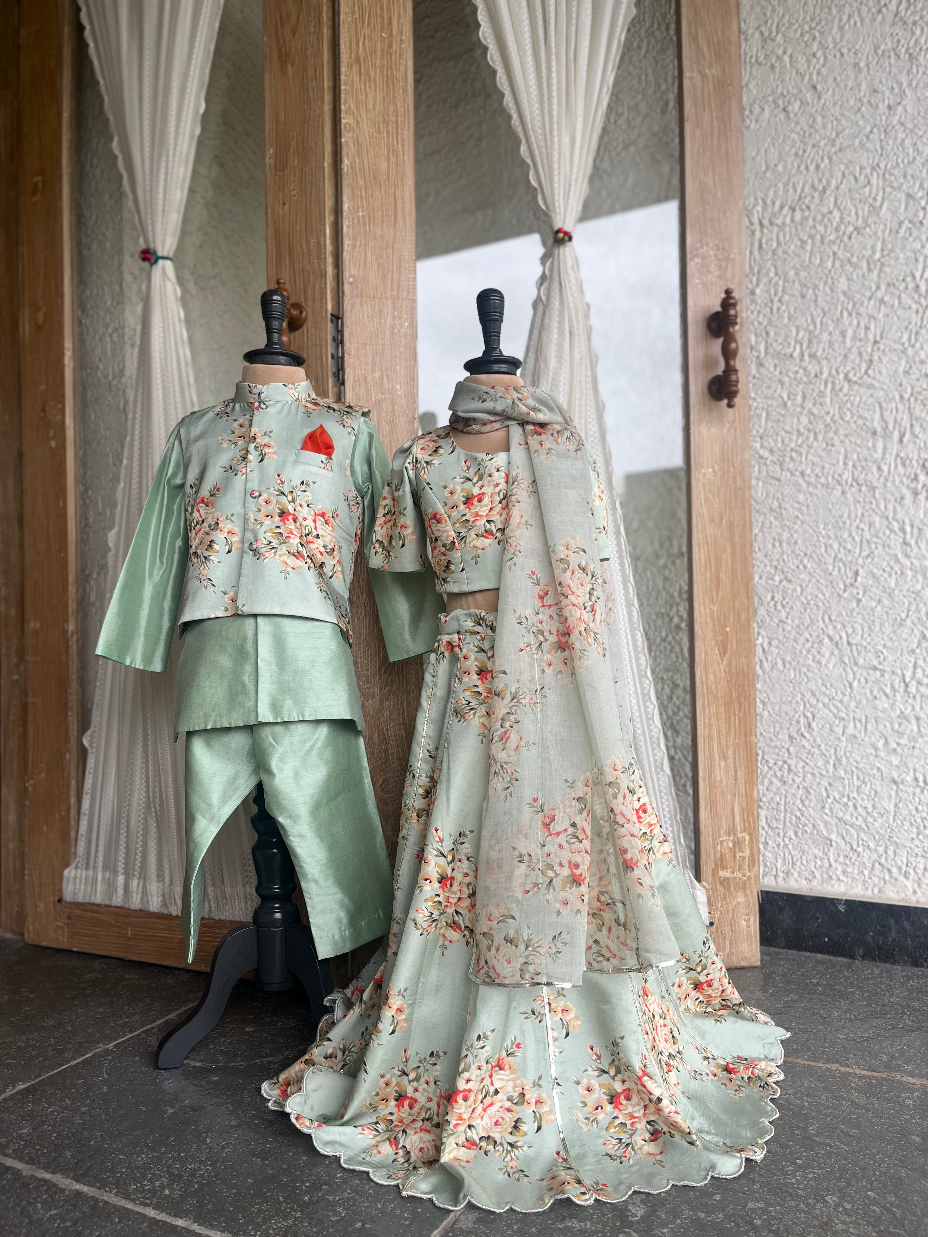 Festive Floral Lehenga Set- Mint