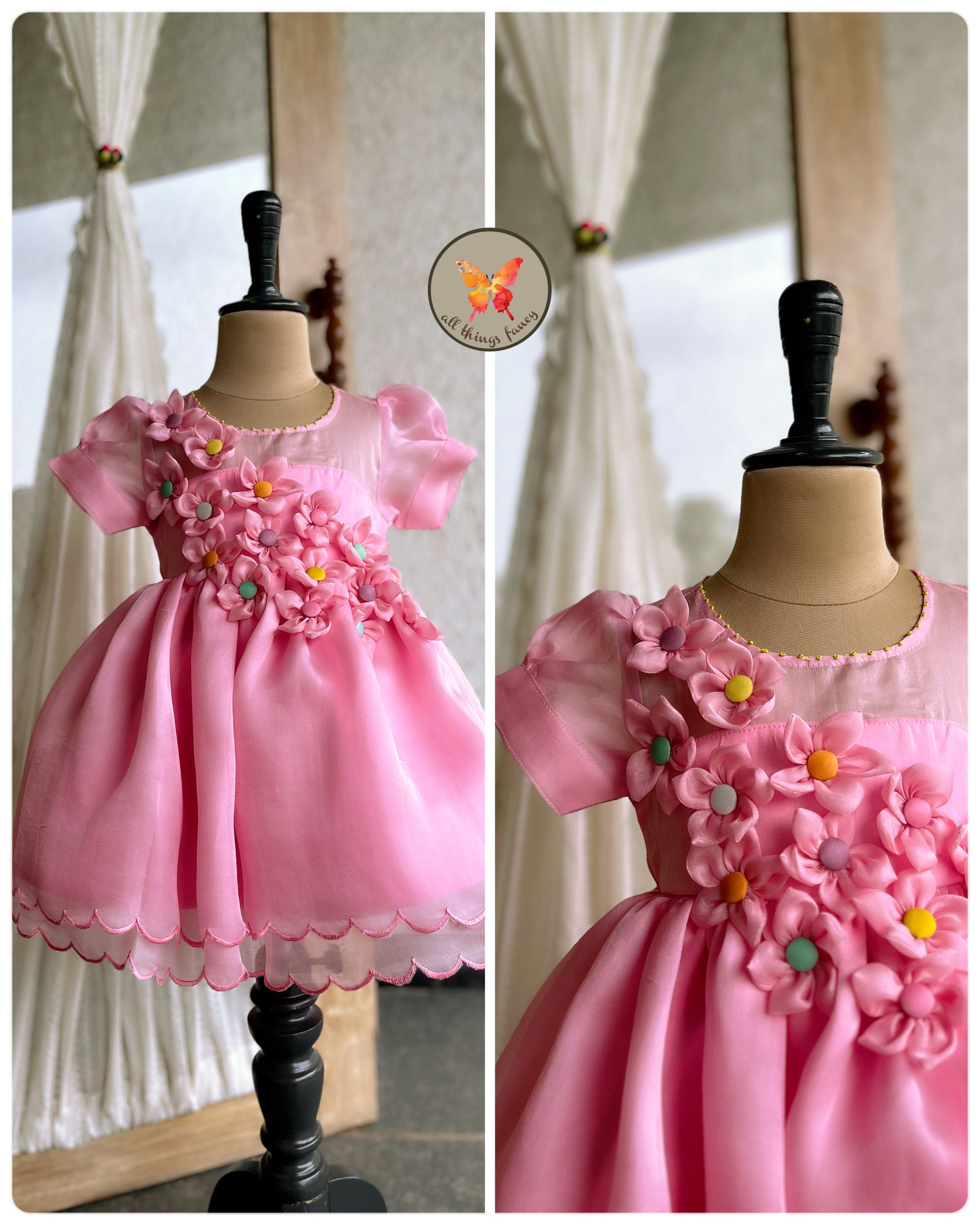 Multi Flower power Dress in organza- pink