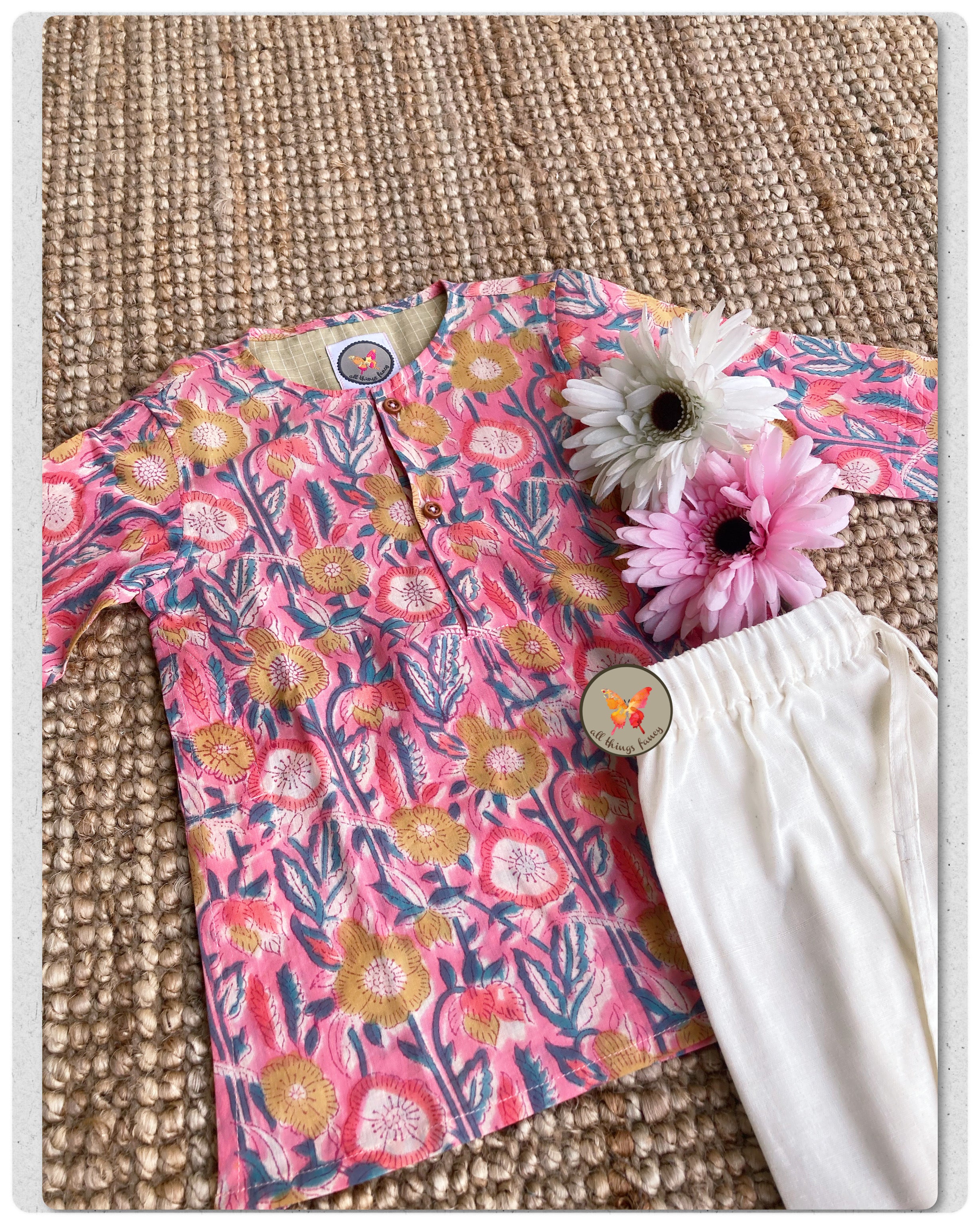 Handblock kurta set- Pink