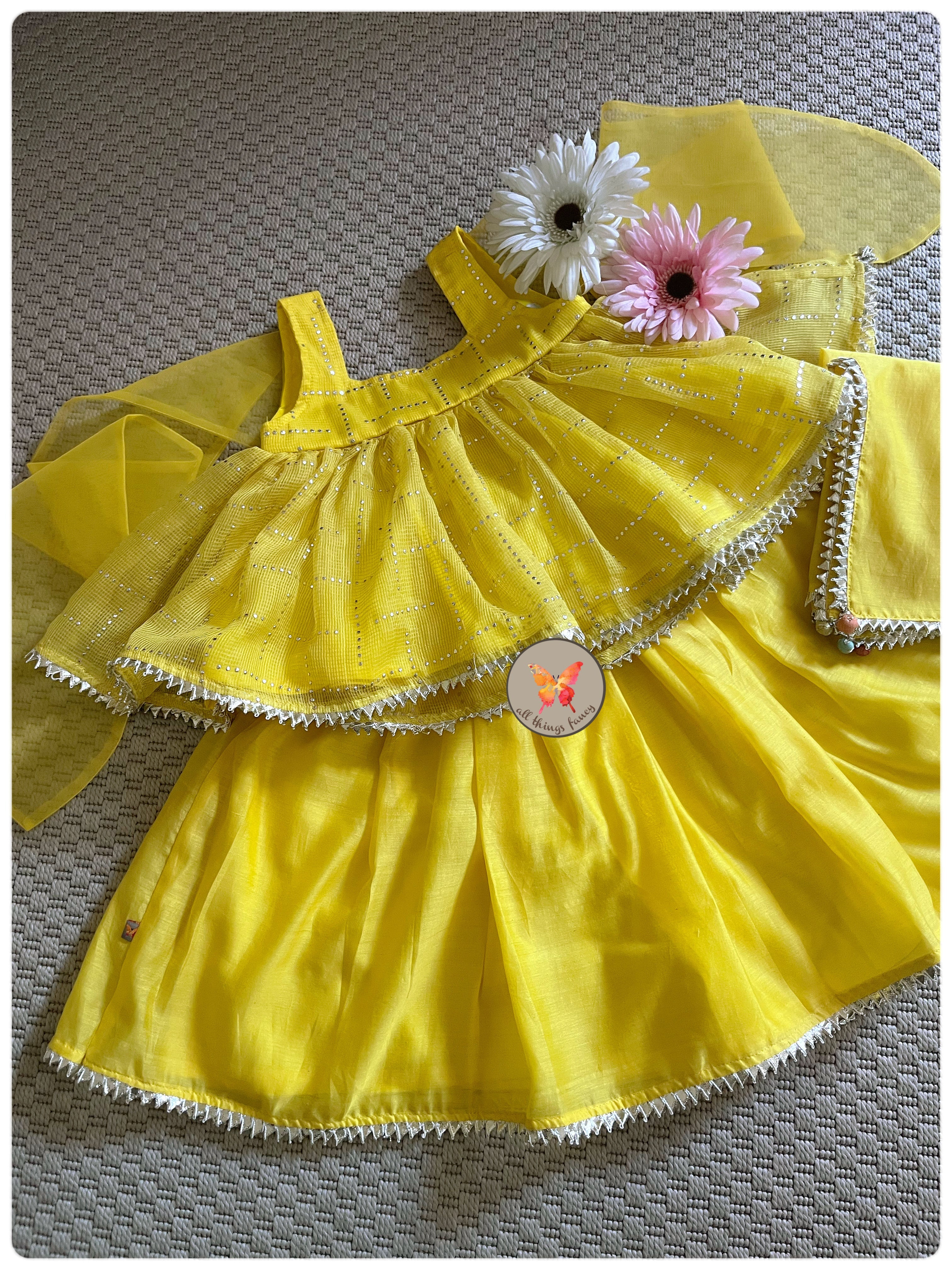 Foil Bunny Tie Blouse with Lehenga - Yellow