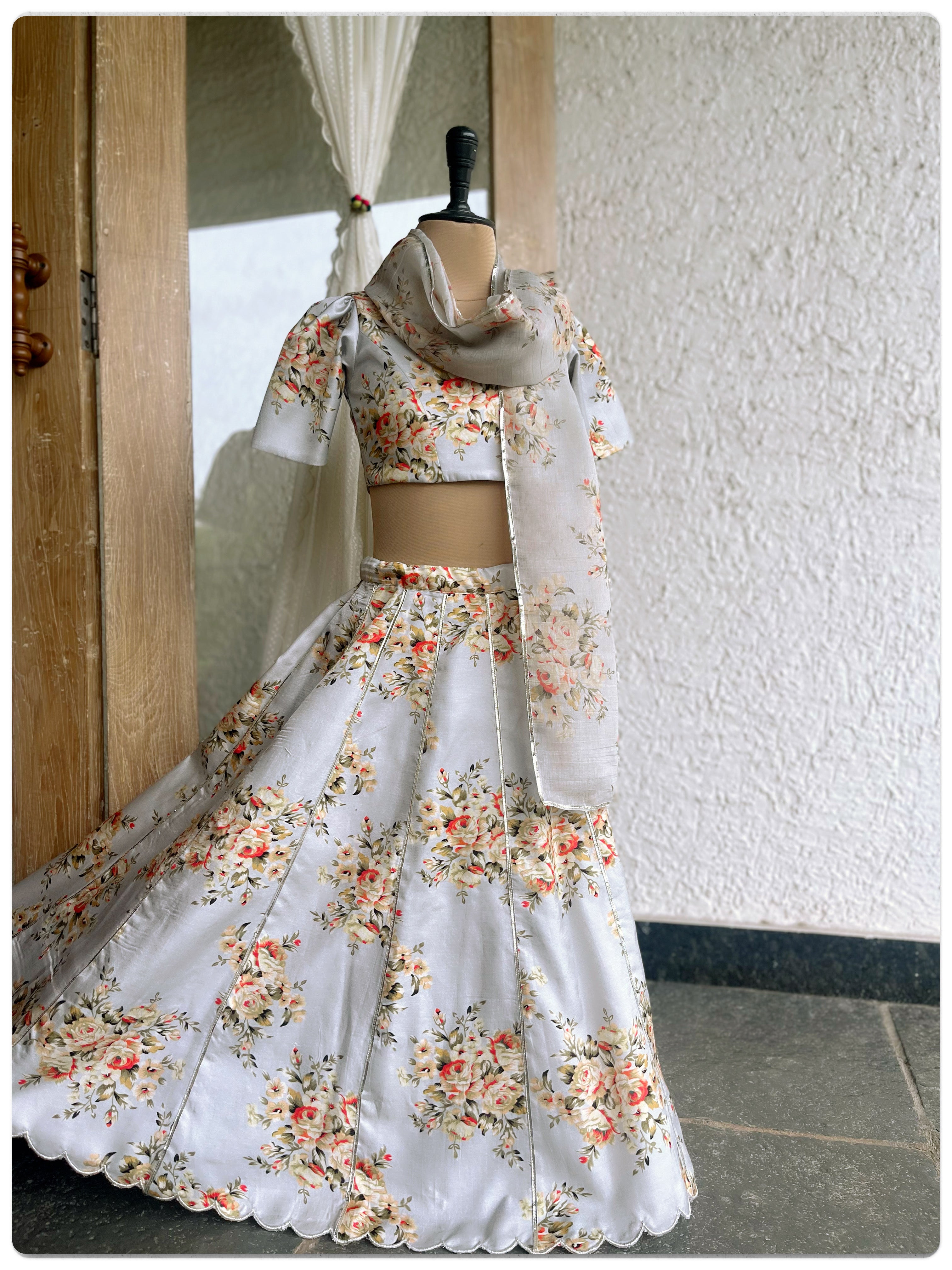 Festive Floral Lehenga Set- Sky