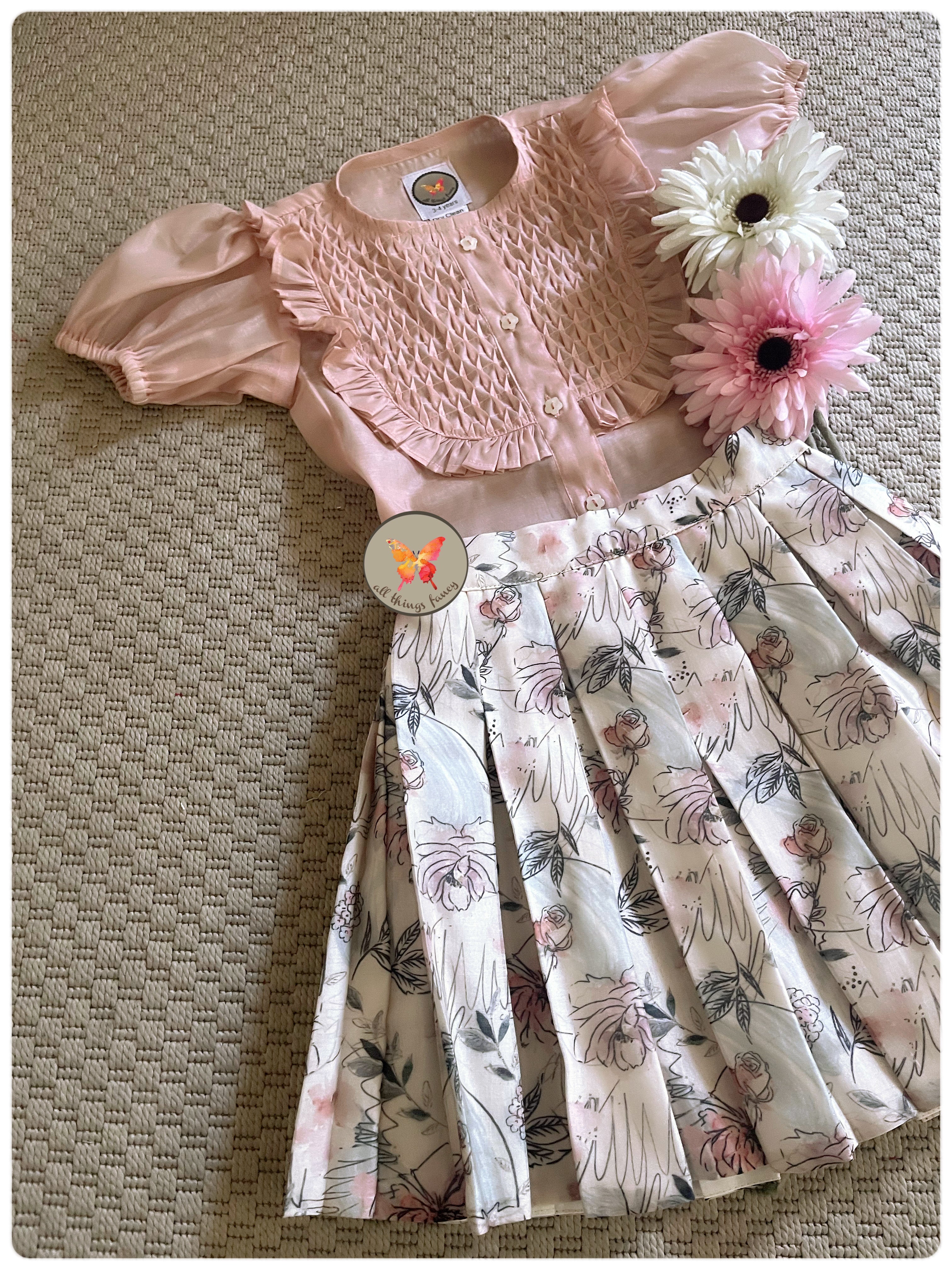 Vintage floral skirt blouse- blush