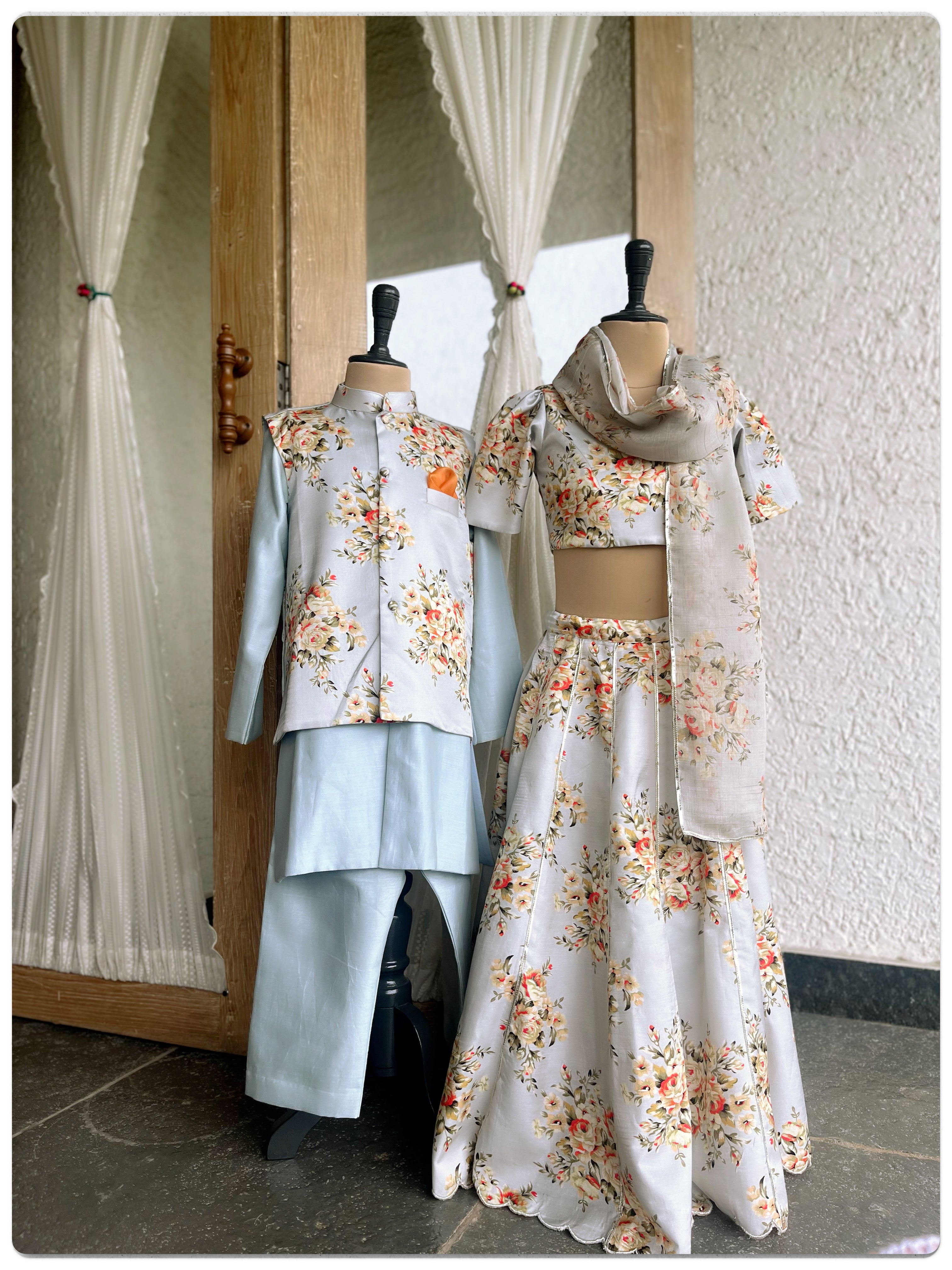 Festive Floral Lehenga Set- Sky