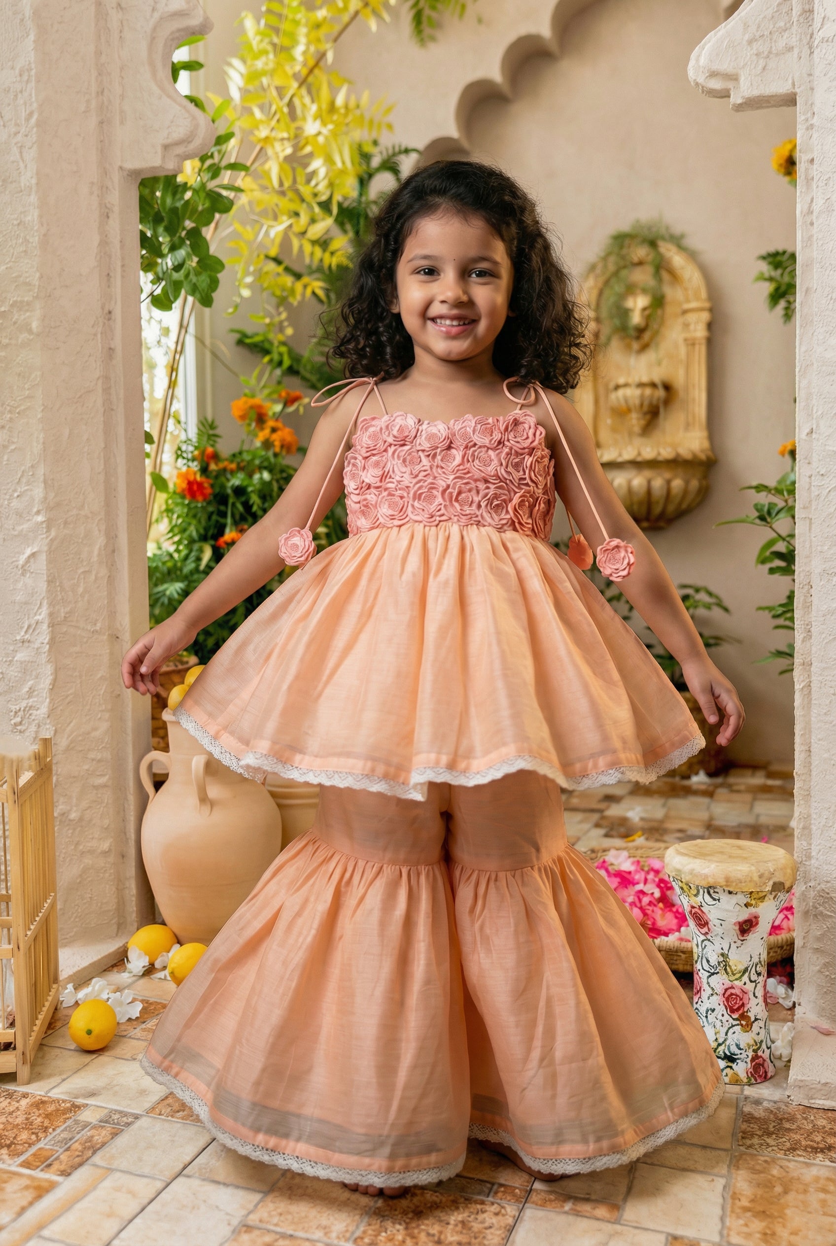 3d Flower Gharara- Peach