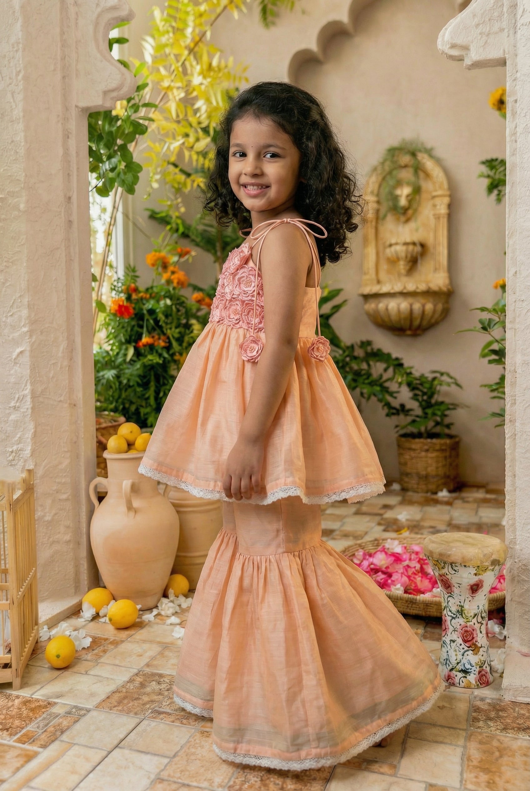 3d Flower Gharara- Peach