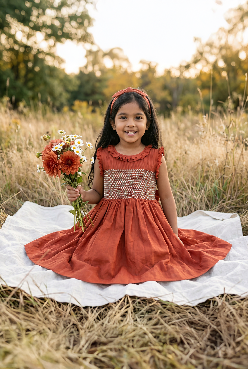 Vintage handsmocked dress-Brick red