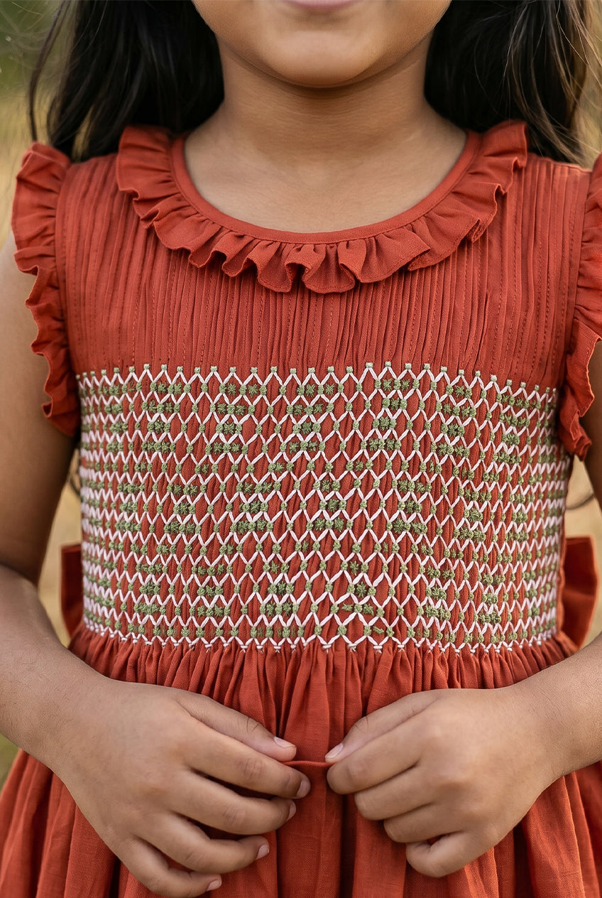 Vintage handsmocked dress-Brick red