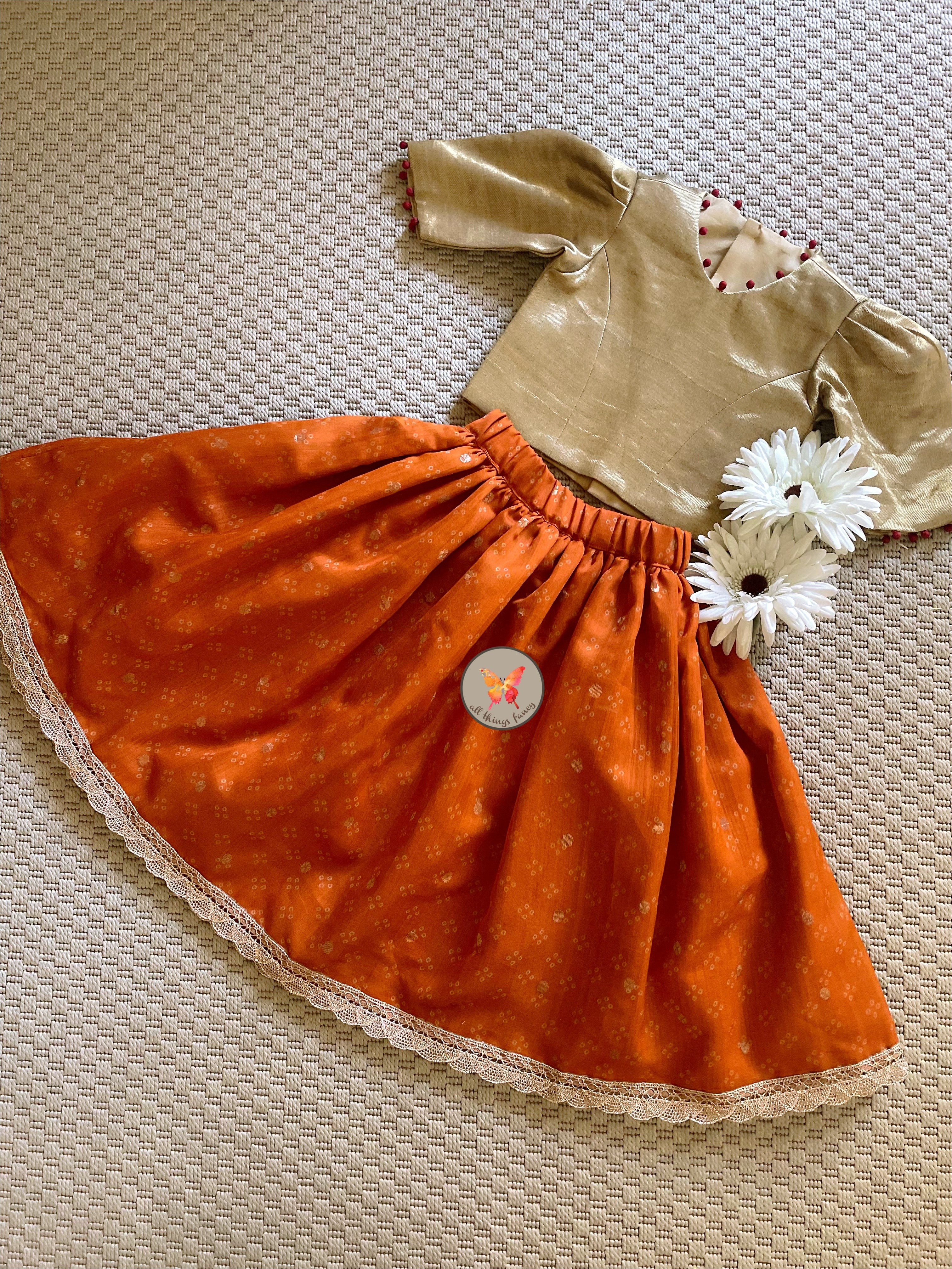 Woven Zari Booti Bandhani Lehenga Set- Saffron Orange